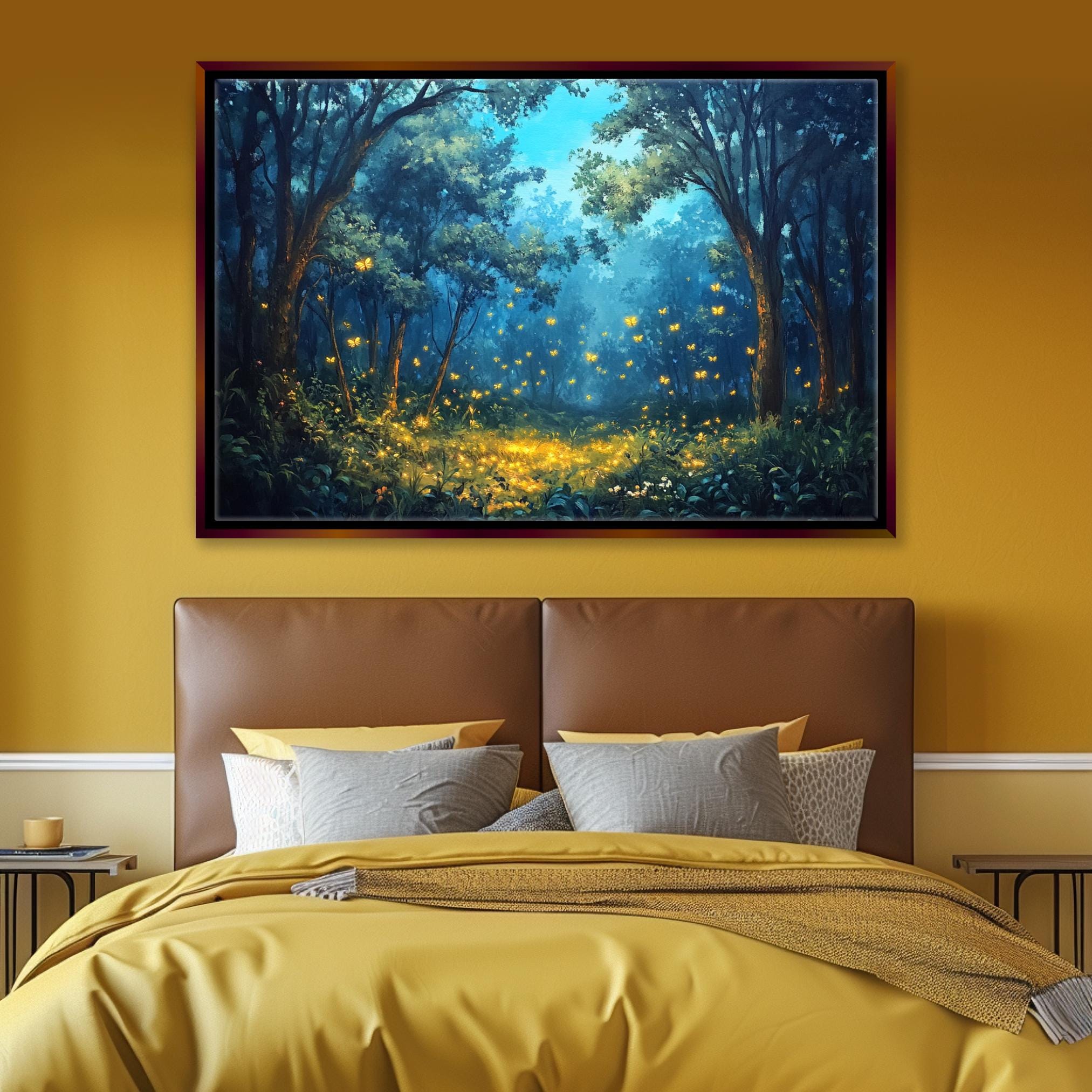 a bedroom with a large painting of a forest