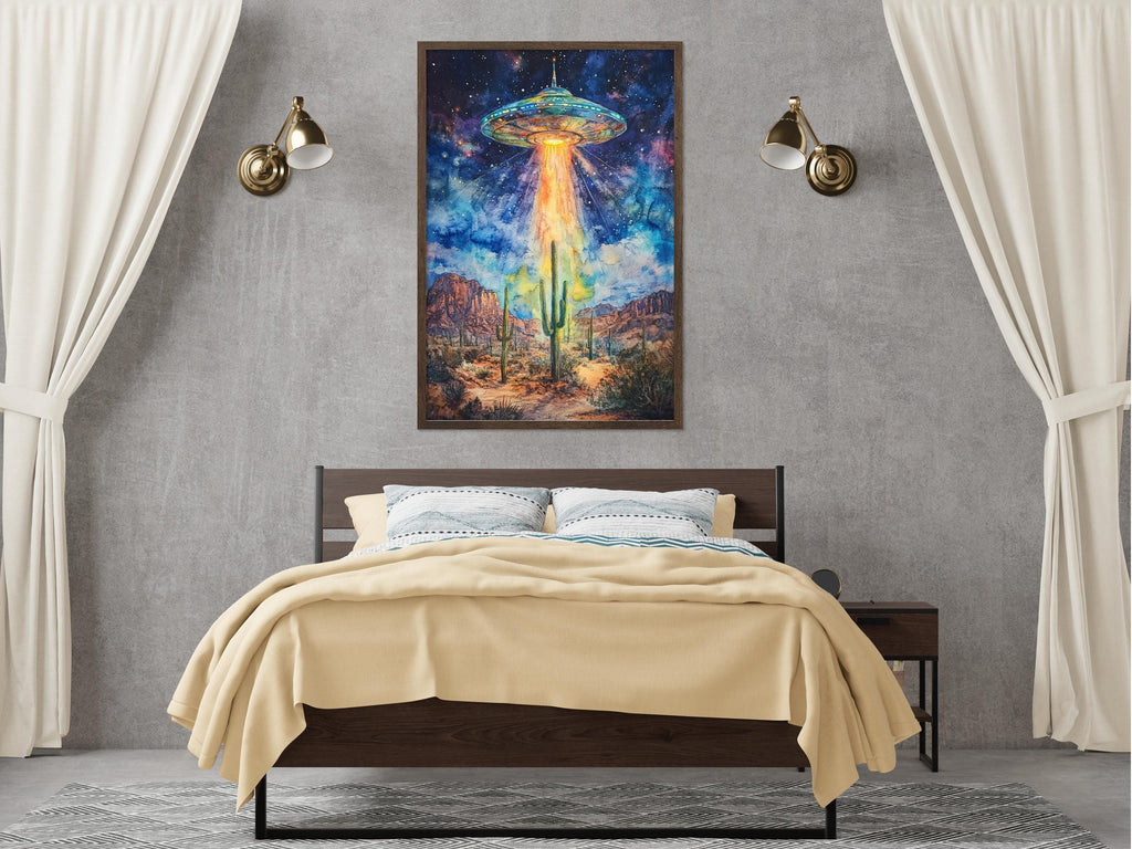 a bedroom with a large bed, a nightstand, and a painting of a desert landscape with an alien spacecraft hovering above it.