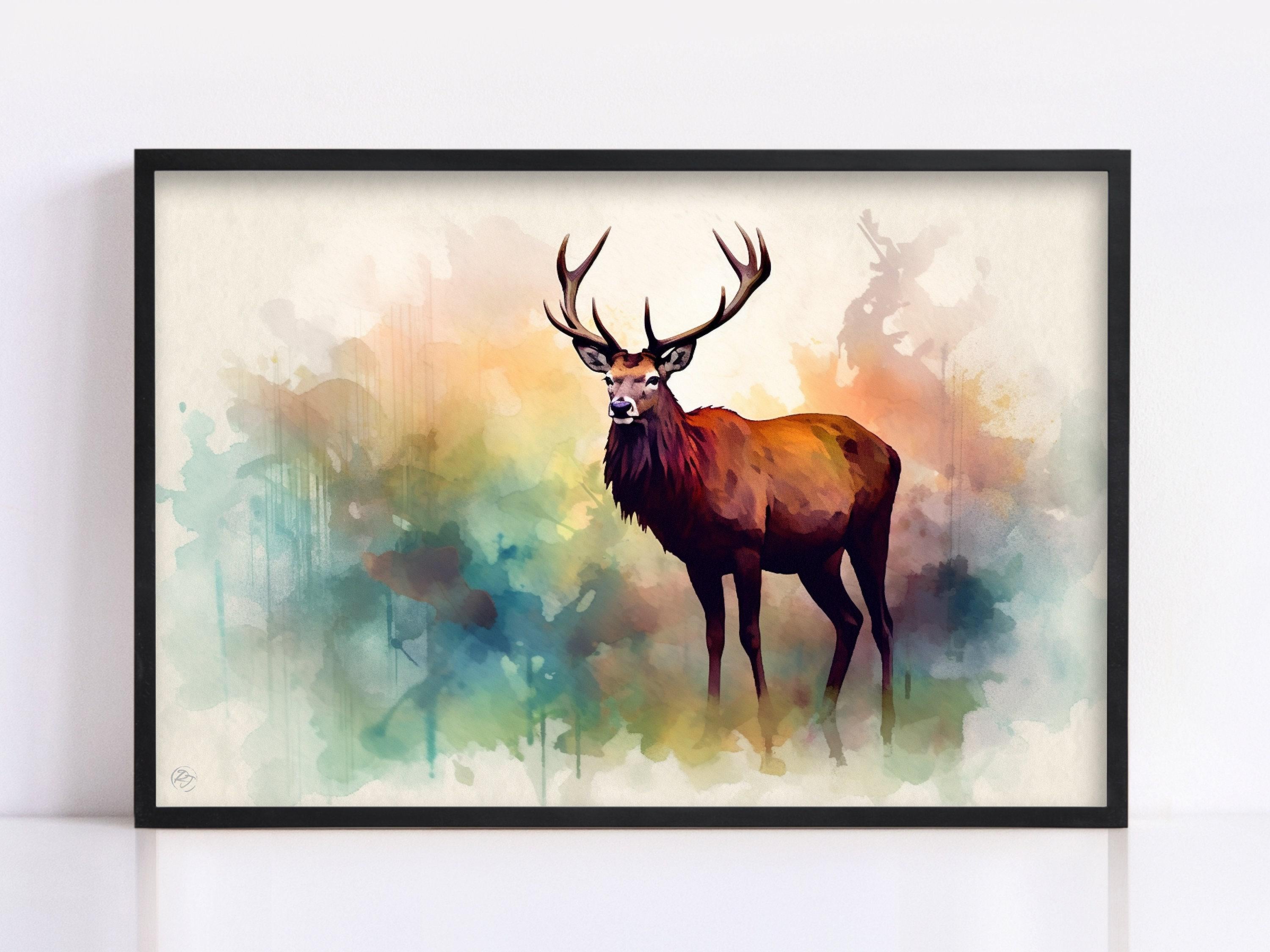 Reindeer Portrait Watercolor - Christmas Home Decor, Giclee Print on Canvas, Artist Paper, Watercolor Paper, Available in Extra Large Sizes