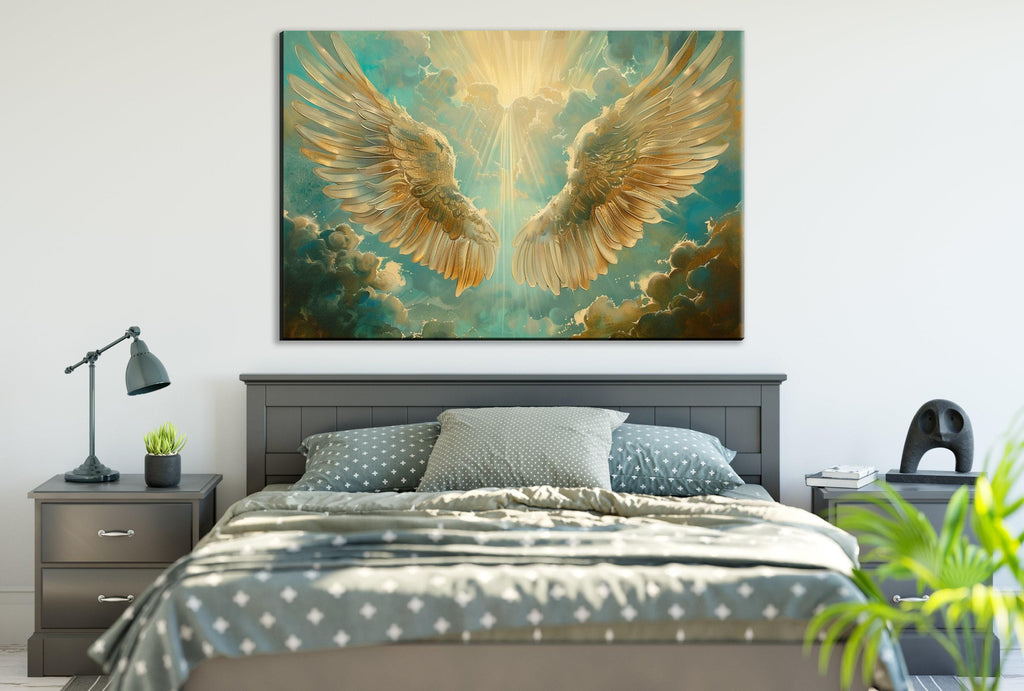 Angel Wings Art – Large Canvas Print | Heavenly Sun Rays | Christian Wall Decor