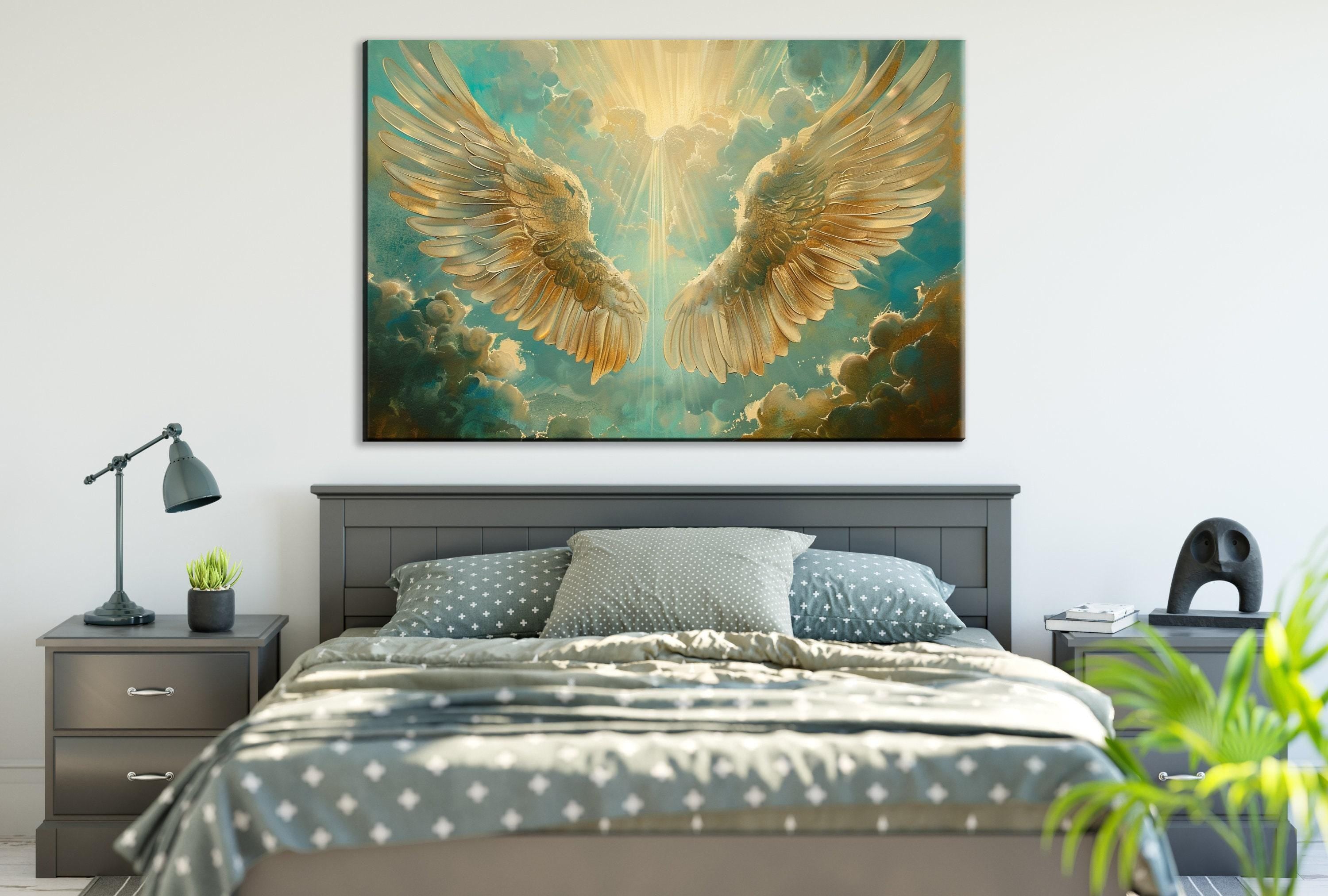 Angel Wings Art – Large Canvas Print | Heavenly Sun Rays | Christian Wall Decor