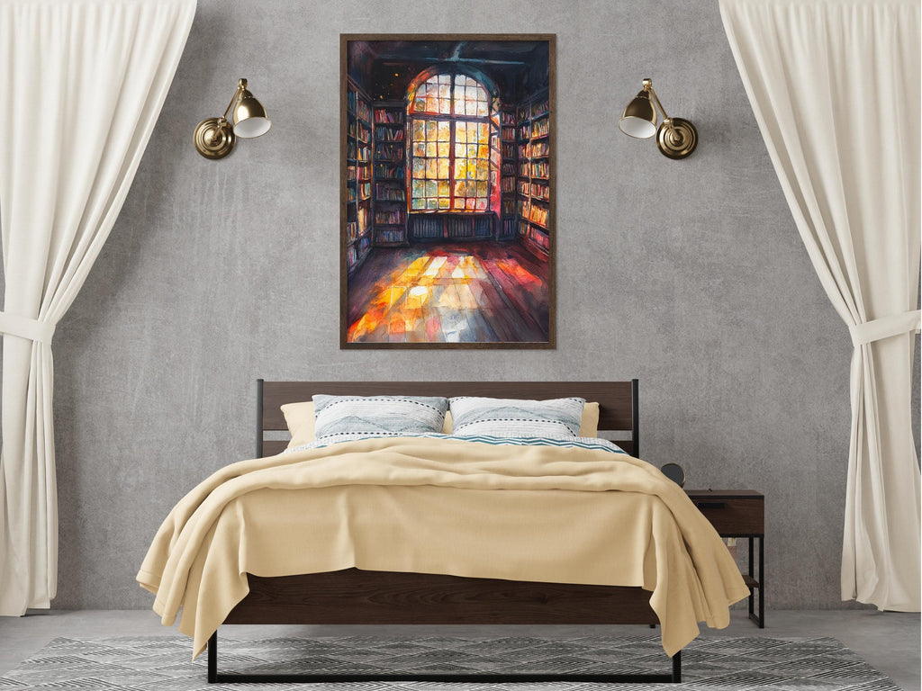 a cozy bedroom with a large window that allows natural light to fill the space. The room is decorated with a wooden bed frame, a nightstand, and a bookshelf filled with books. The overall atmosphere of the room is warm and inviting, with the window and bookshelf adding a touch of elegance and charm.