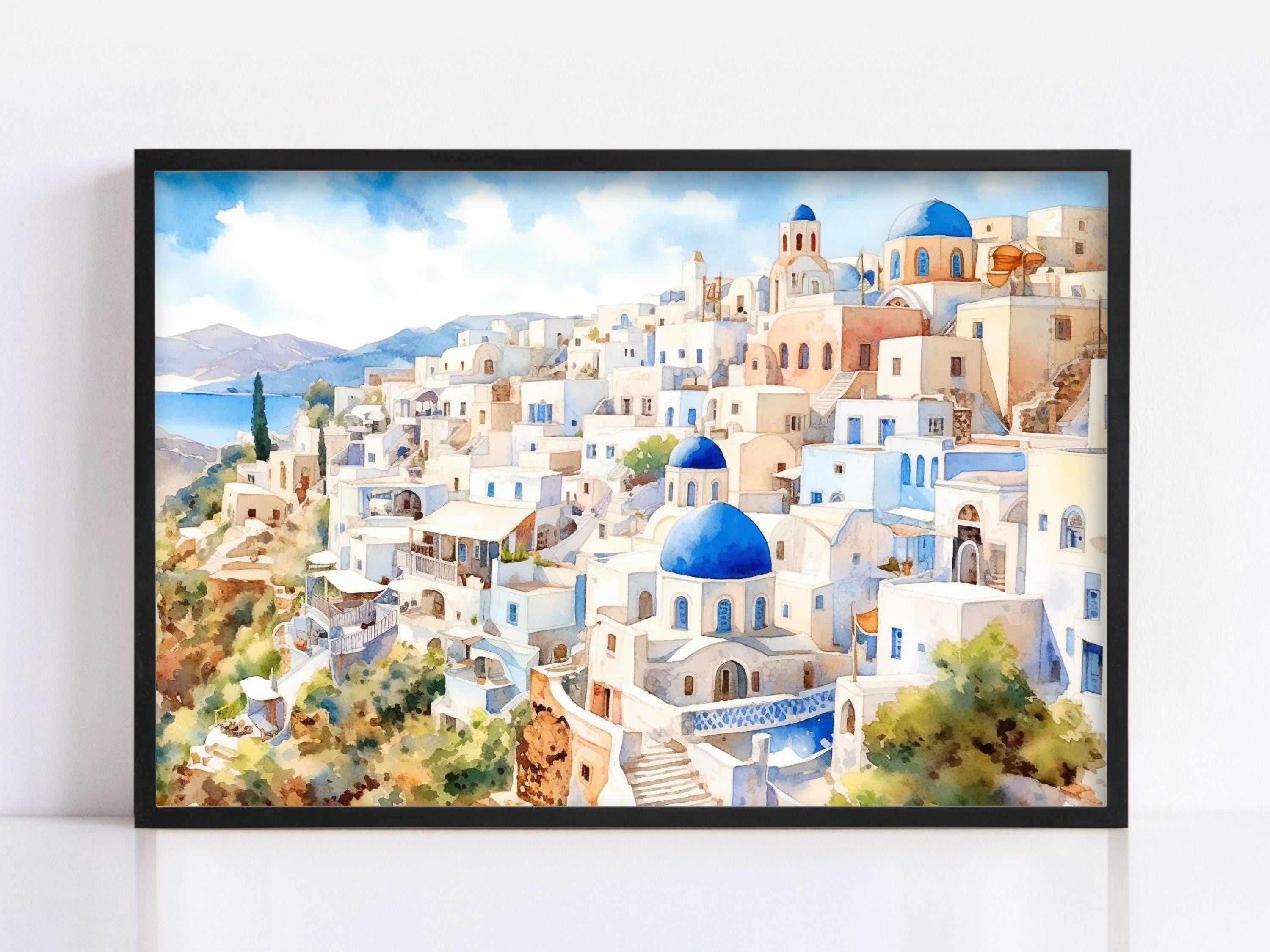 Mediterranean Dream: Santorini Greece Seascape Print, Giclee Print on Canvas, Artist Paper, Watercolor Paper, Available in Extra Large Sizes