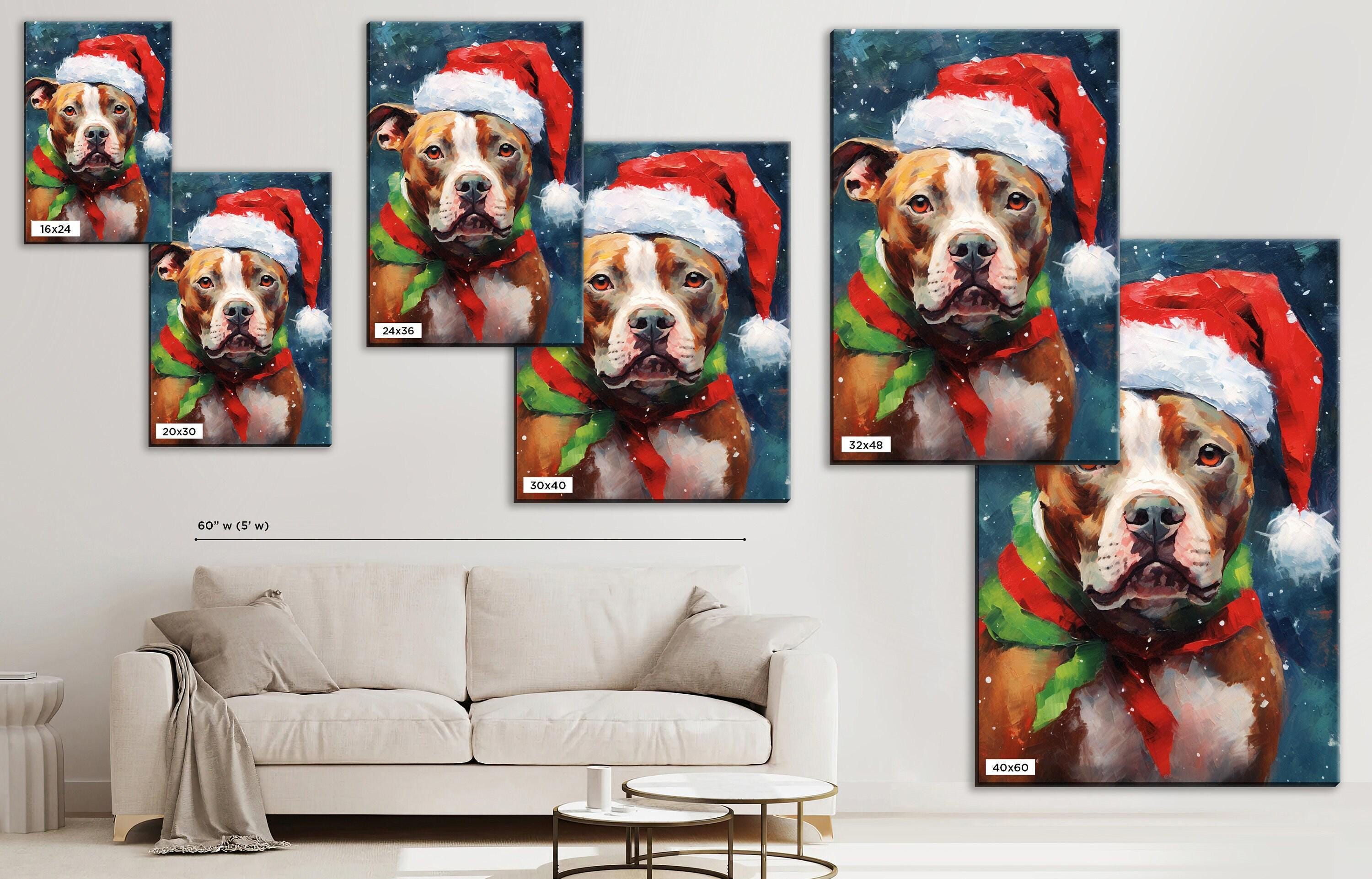 Christmas Pitbull Painting | Santa Hat Dog Art, Giclee Artist Print, Holiday Pet Artwork Canvas