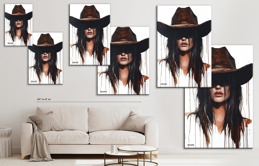 a woman wearing a cowboy hat in a living room