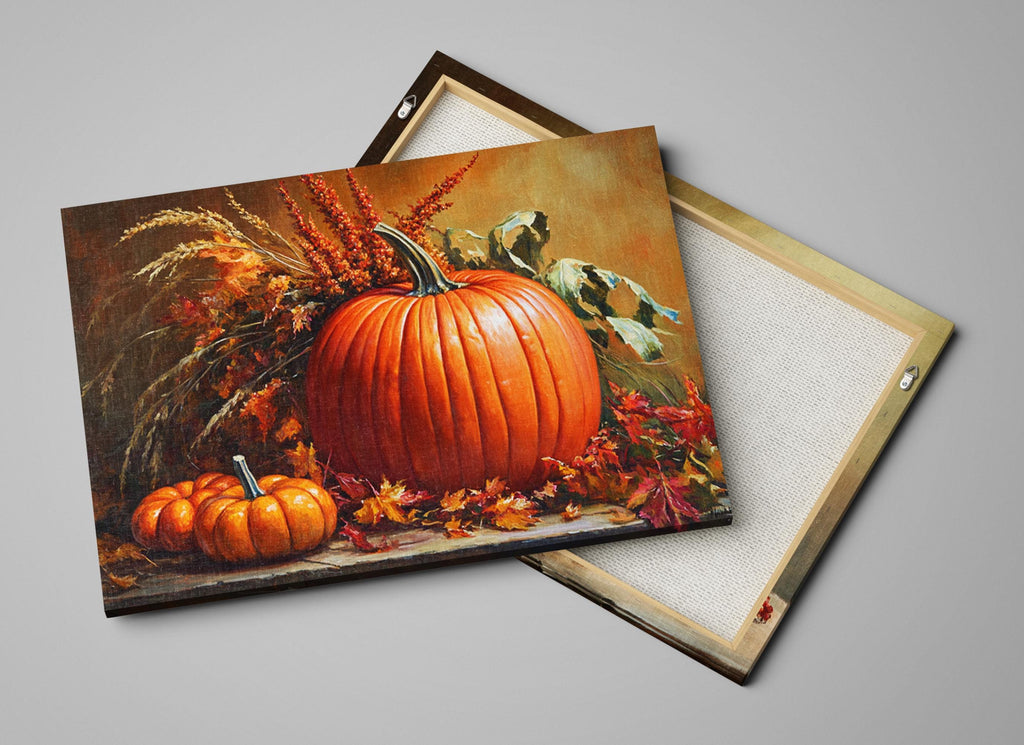 The image is a painting of two pumpkins and some autumn leaves, set against a backdrop of a wooden surface.