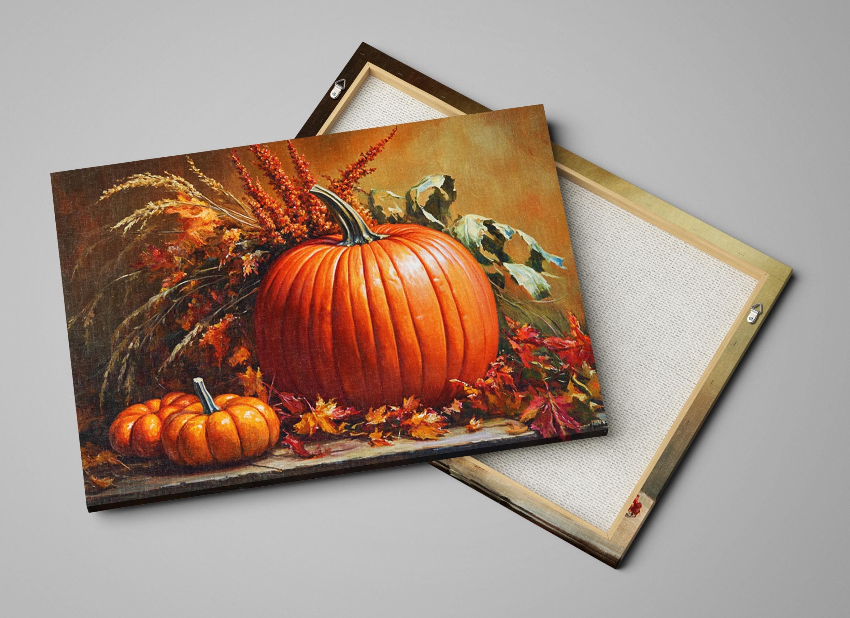 The image is a painting of two pumpkins and some autumn leaves, set against a backdrop of a wooden surface.