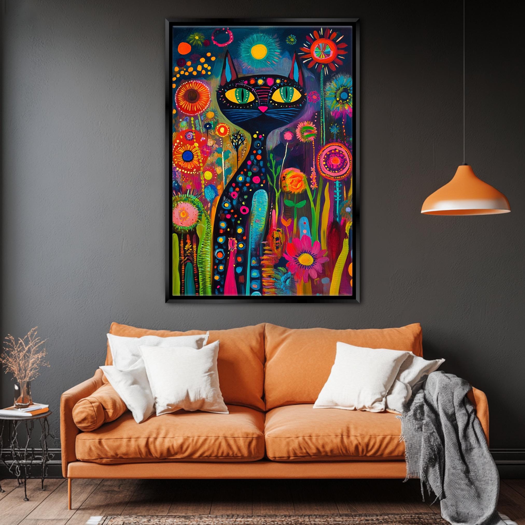 a living room with a couch and a painting on the wall