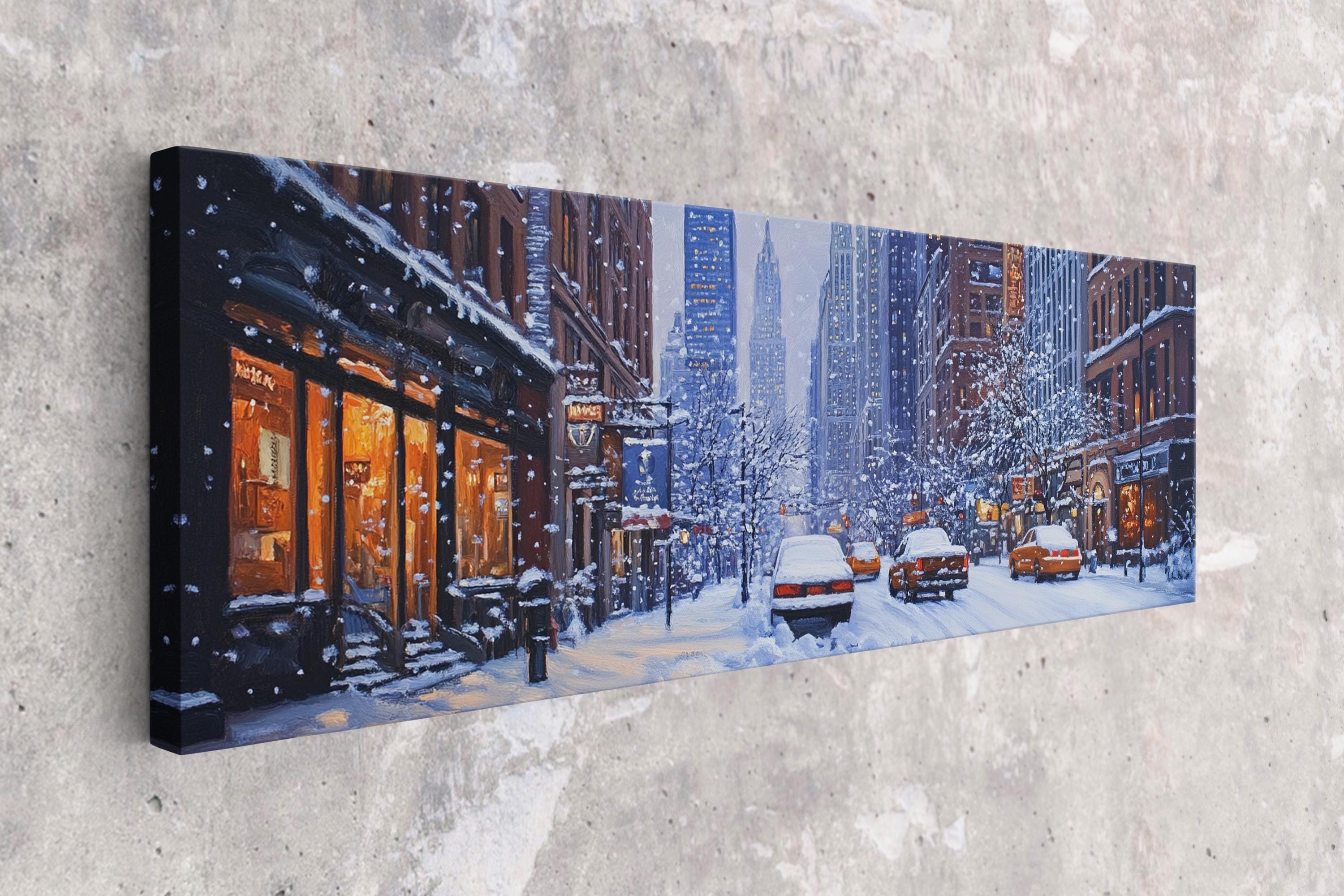a painting of a city street covered in snow