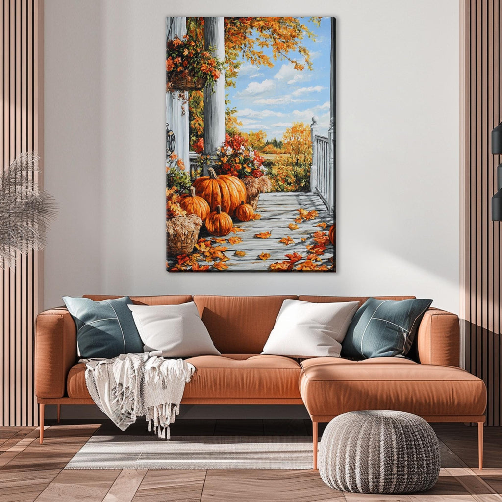 a cozy living room with a large orange sofa adorned with throw pillows and a blanket. Above the sofa, a large painting depicts a porch with a wooden railing and a white railing, surrounded by a variety of pumpkins and autumn leaves. The painting is hung on a white wall, creating a warm and inviting atmosphere in the room.