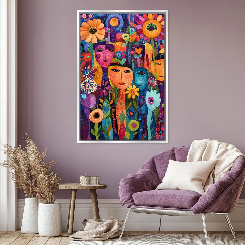 a purple chair in a room with a painting on the wall
