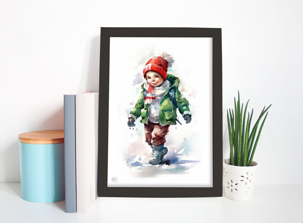 Joyful Christmas Child - Festive Holiday Watercolor, Giclee Print on Canvas, Artist Paper, Watercolor Paper, Available in Extra Large Sizes