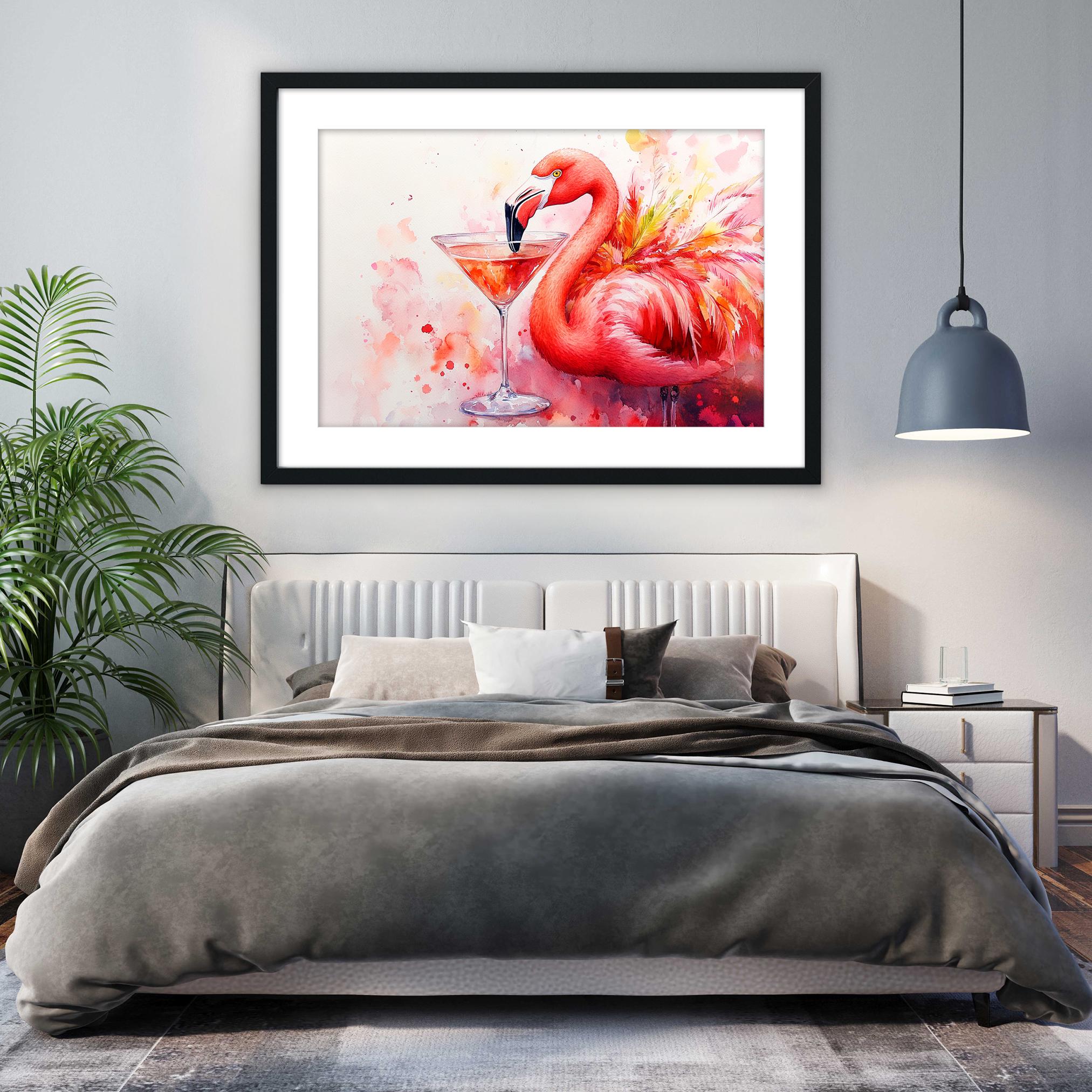 a large framed painting of a flamingo with a martini glass on a bed in a bedroom setting.