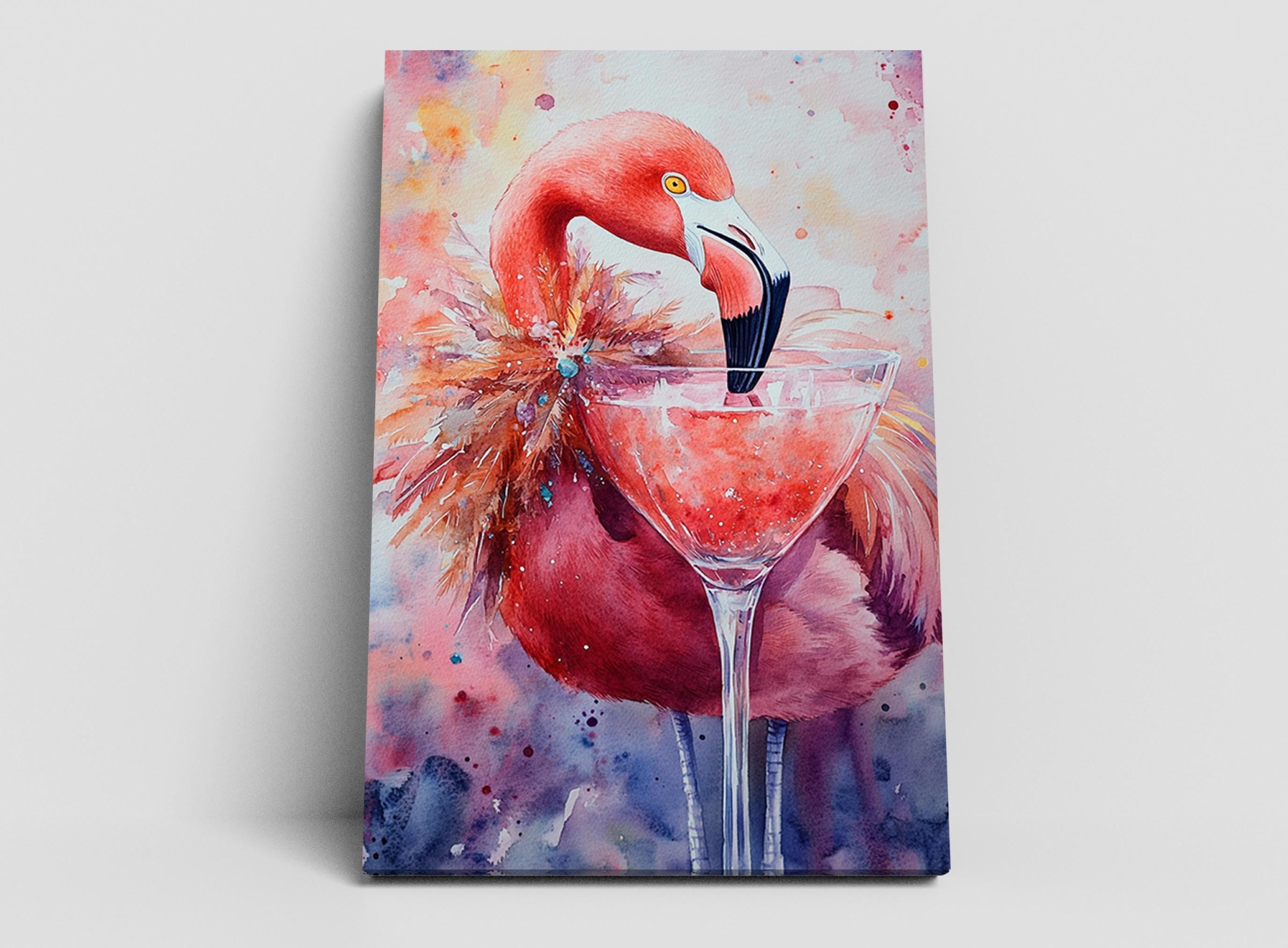 A vibrant painting of a flamingo standing in a martini glass, with a splash of colors and a whimsical, artistic style.