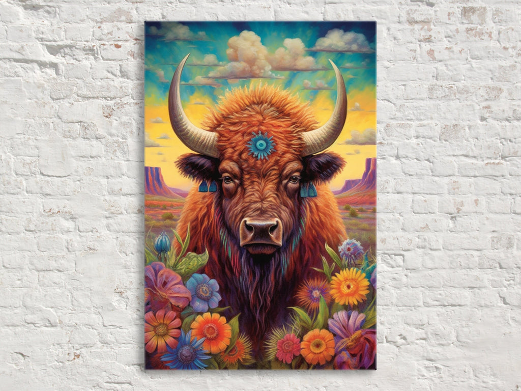 Bison Wall Art - Western Theme Painting | Yellowstone Bison Portrait Canvas Print