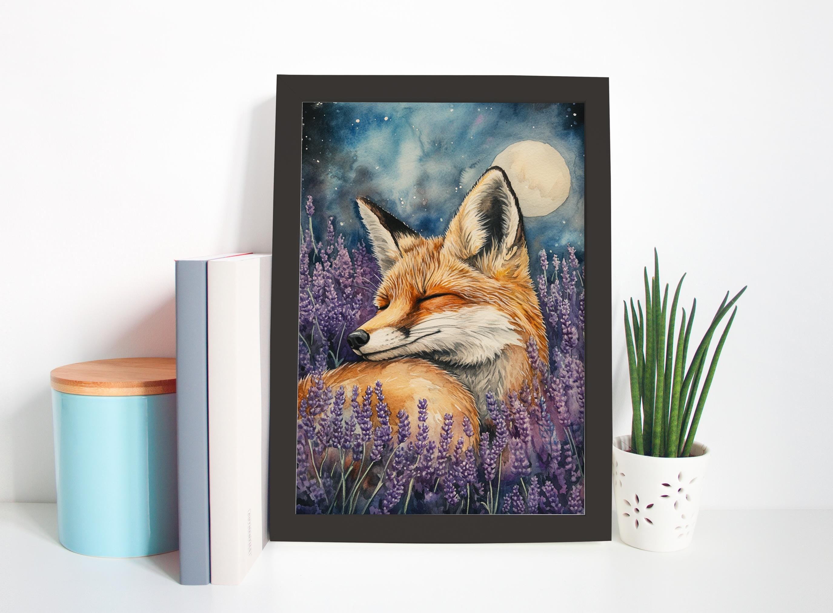 a framed painting of a sleeping fox in a field of purple flowers, with a full moon in the background.