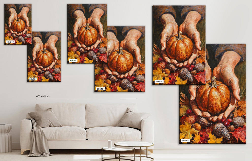 The image is a collage of multiple images depicting hands holding pumpkins and autumn leaves, with a white couch in the foreground.