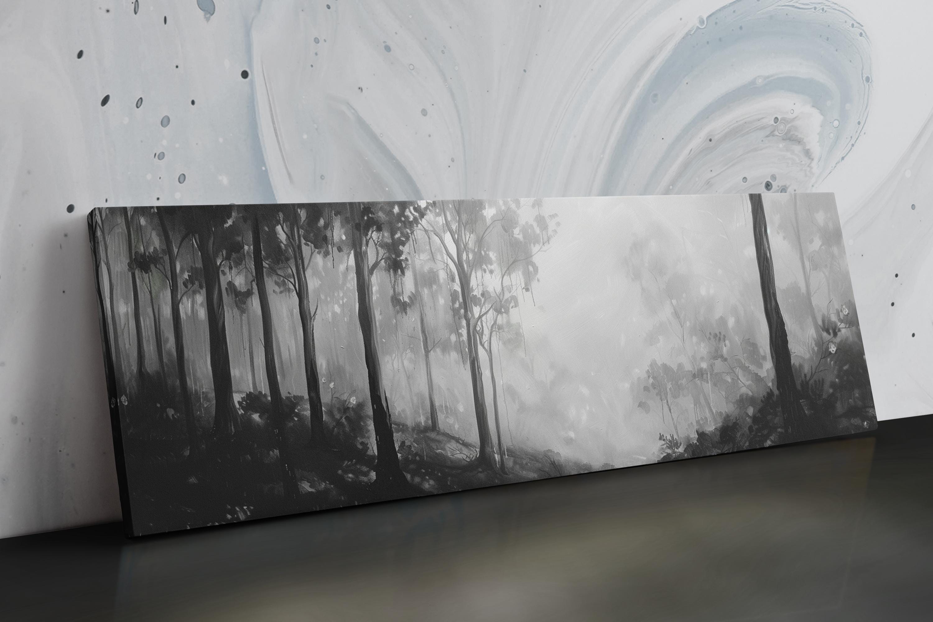 a black and white painting of a forest