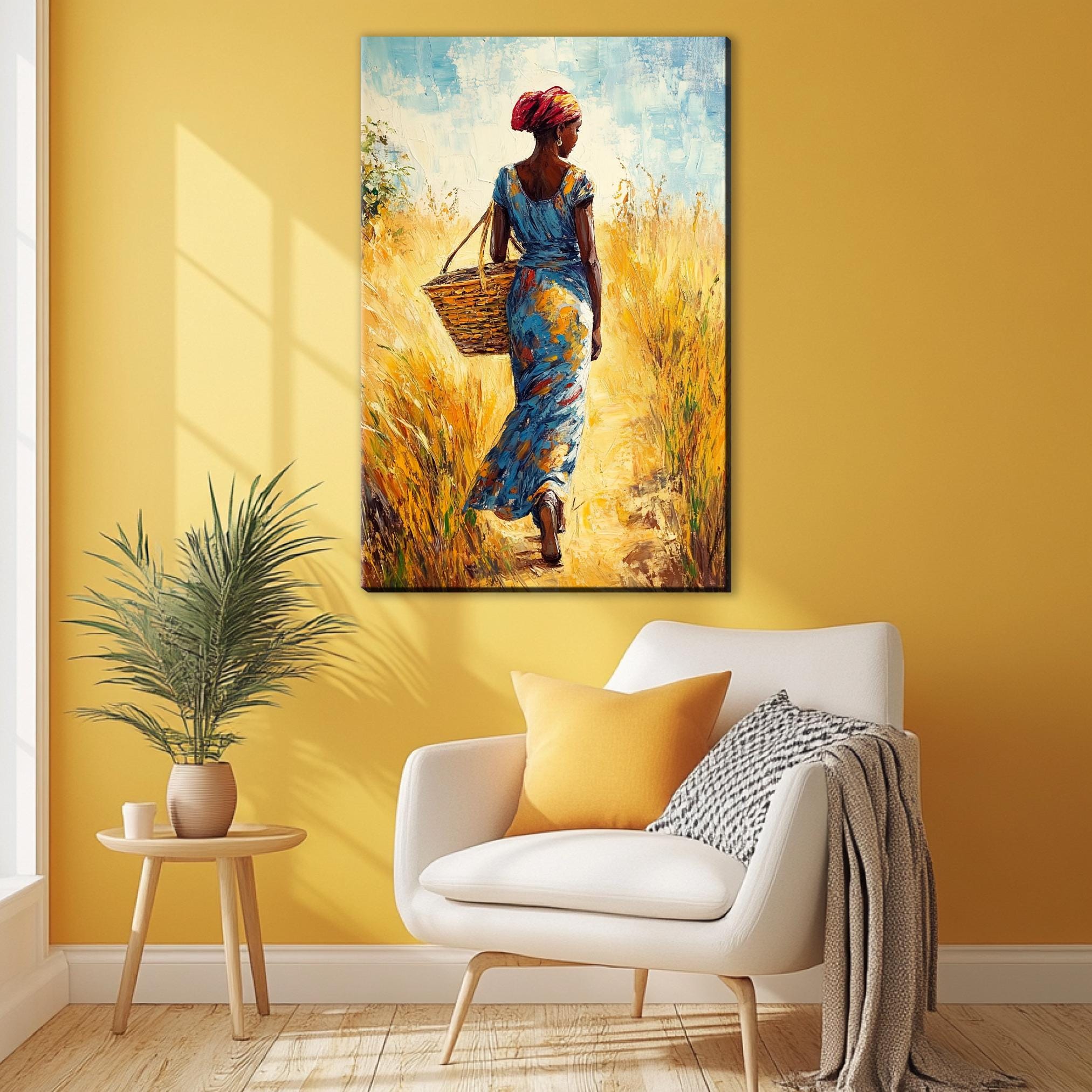 a painting of a woman carrying a basket
