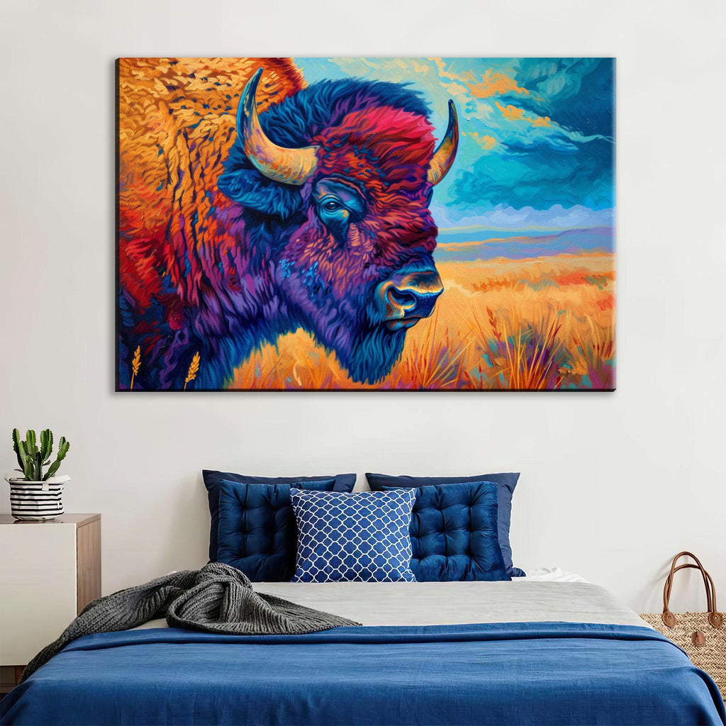 Bison Wall Art | Large Canvas Wall Art – Colorful Buffalo Painting with UV Coated Canvas Print