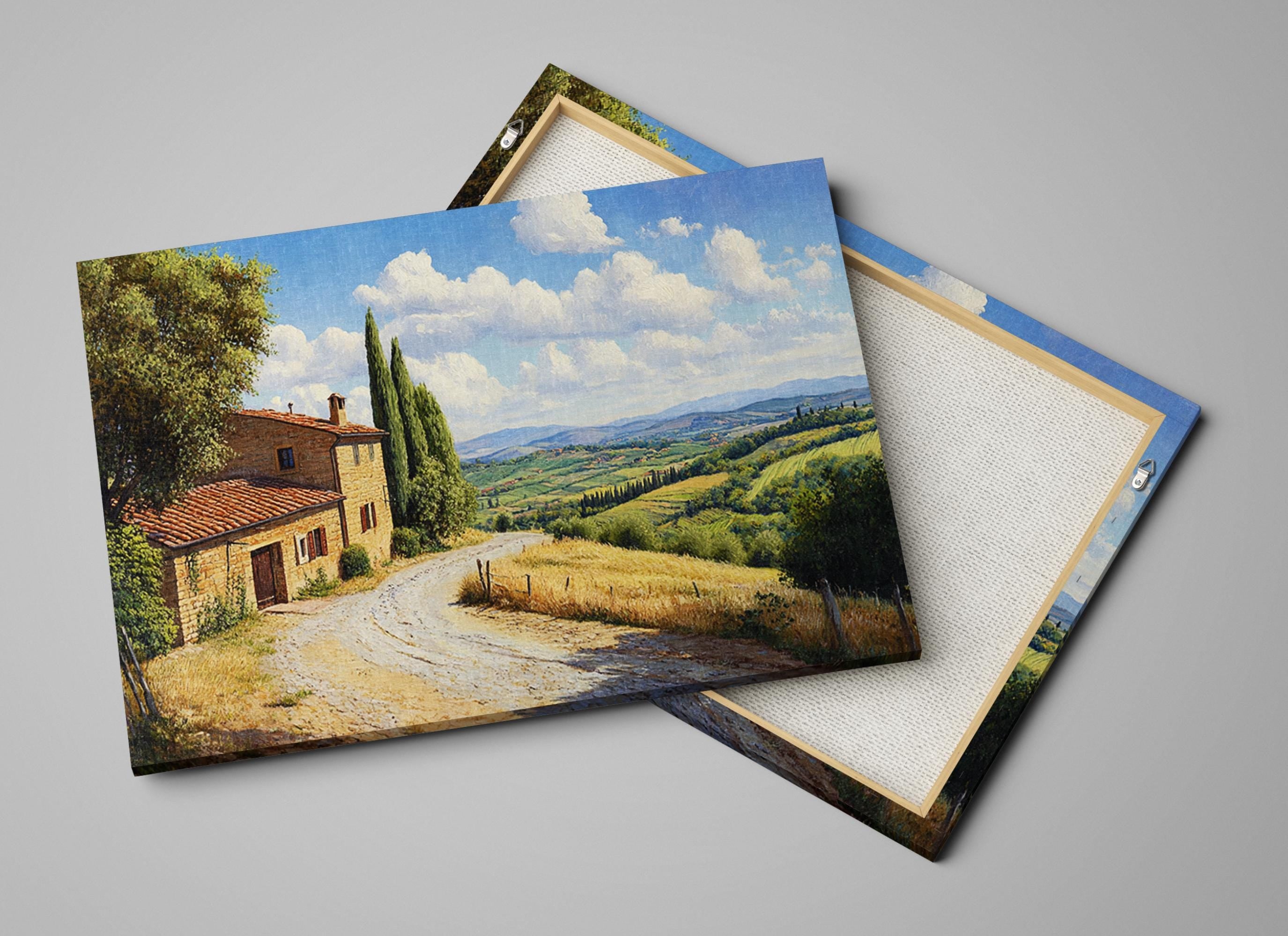 two paintings of a country road and a house