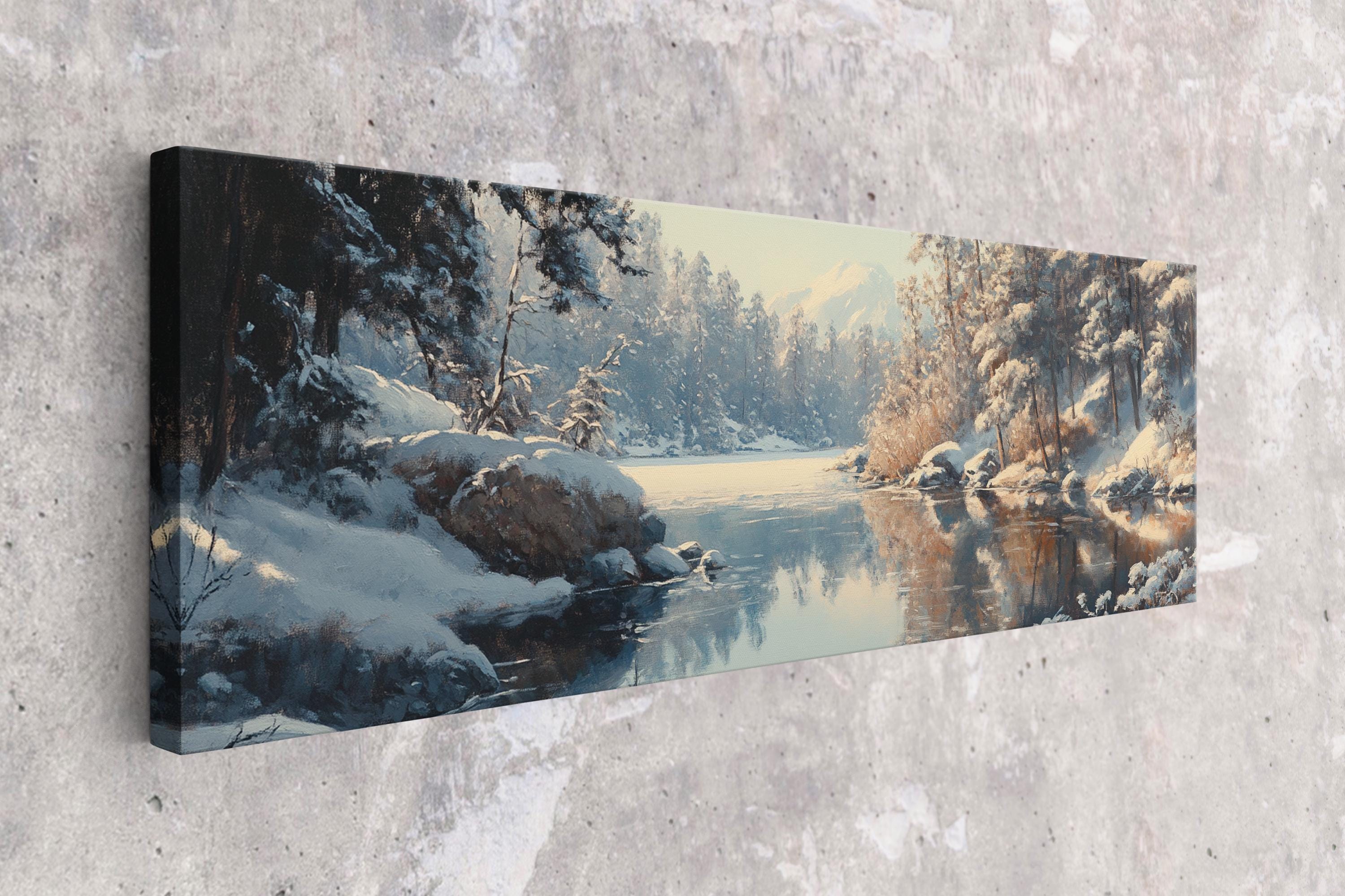 a painting on a wall of a snowy river