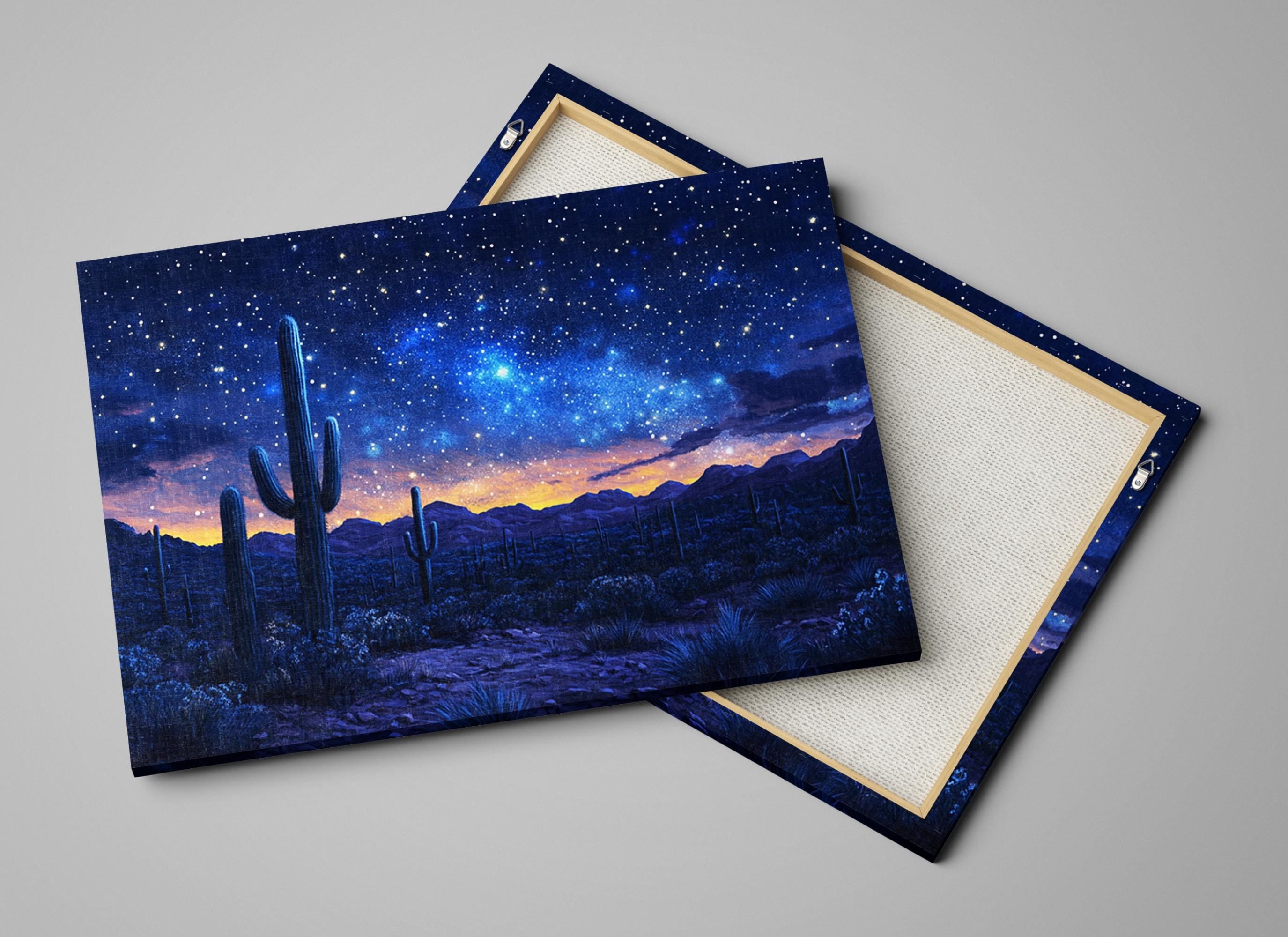 a painting of a night sky with stars and a cactus