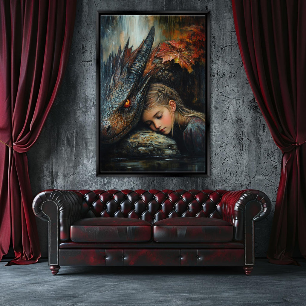 a painting of a woman sleeping next to a dragon