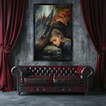 a painting of a woman sleeping next to a dragon