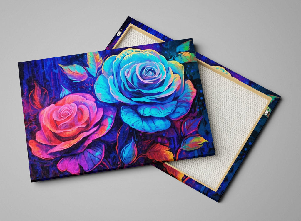Neon Oil Painting - Large Canvas Wall Art | Colorful Roses Art, Blacklight Style