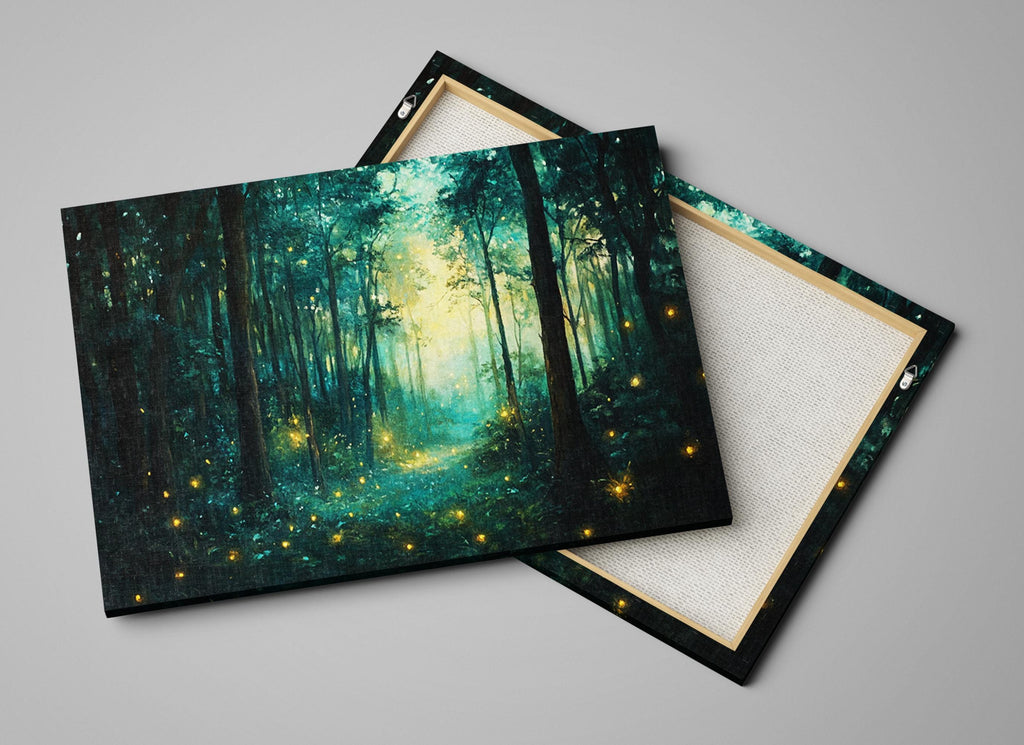 a painting of a forest with fireflies on it