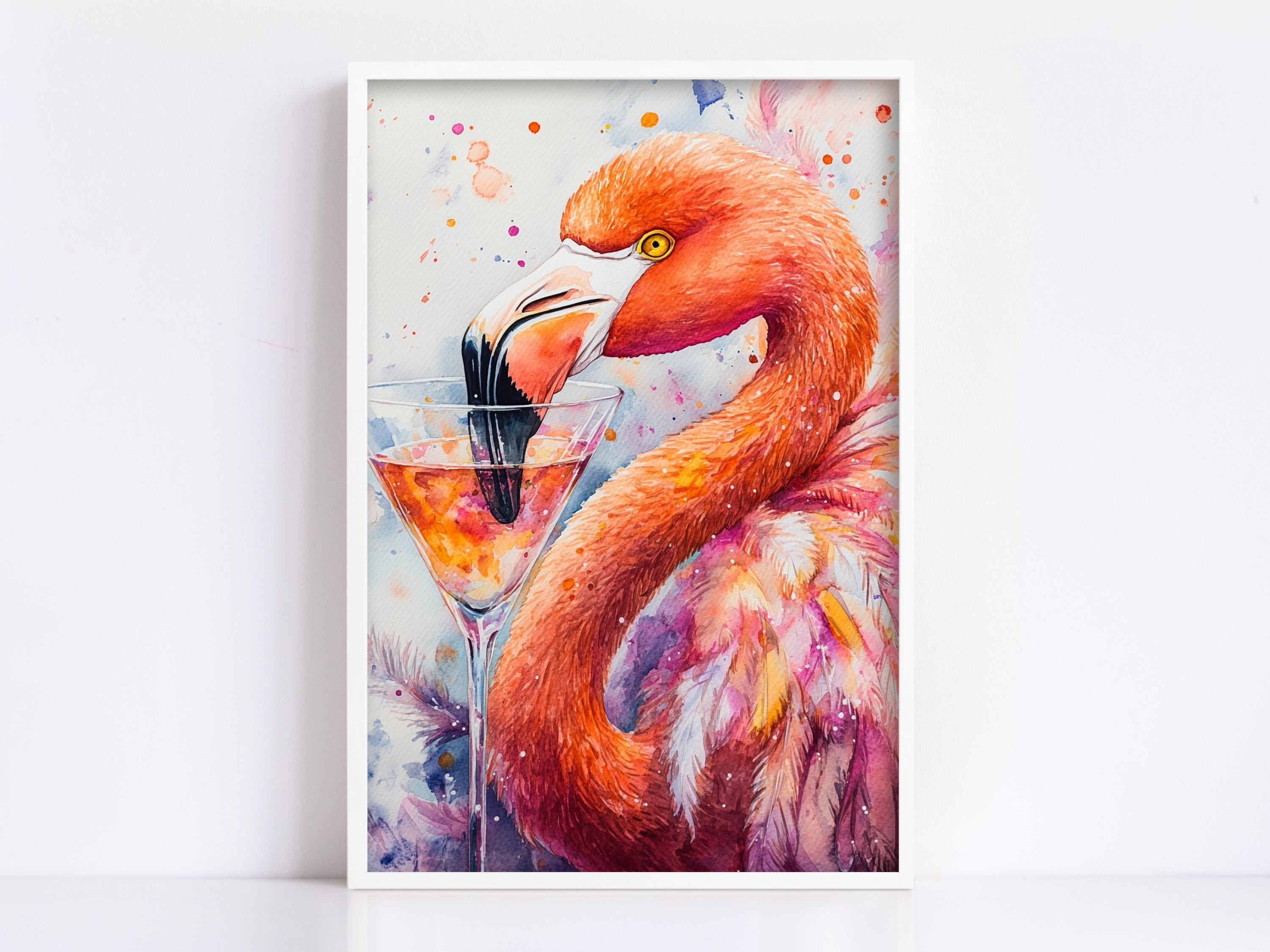 A vibrant painting of a flamingo holding a cocktail glass, set against a colorful background.
