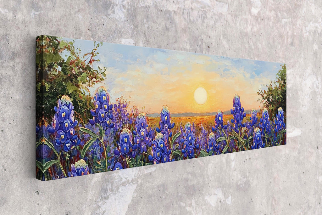 a painting of a field of blue flowers