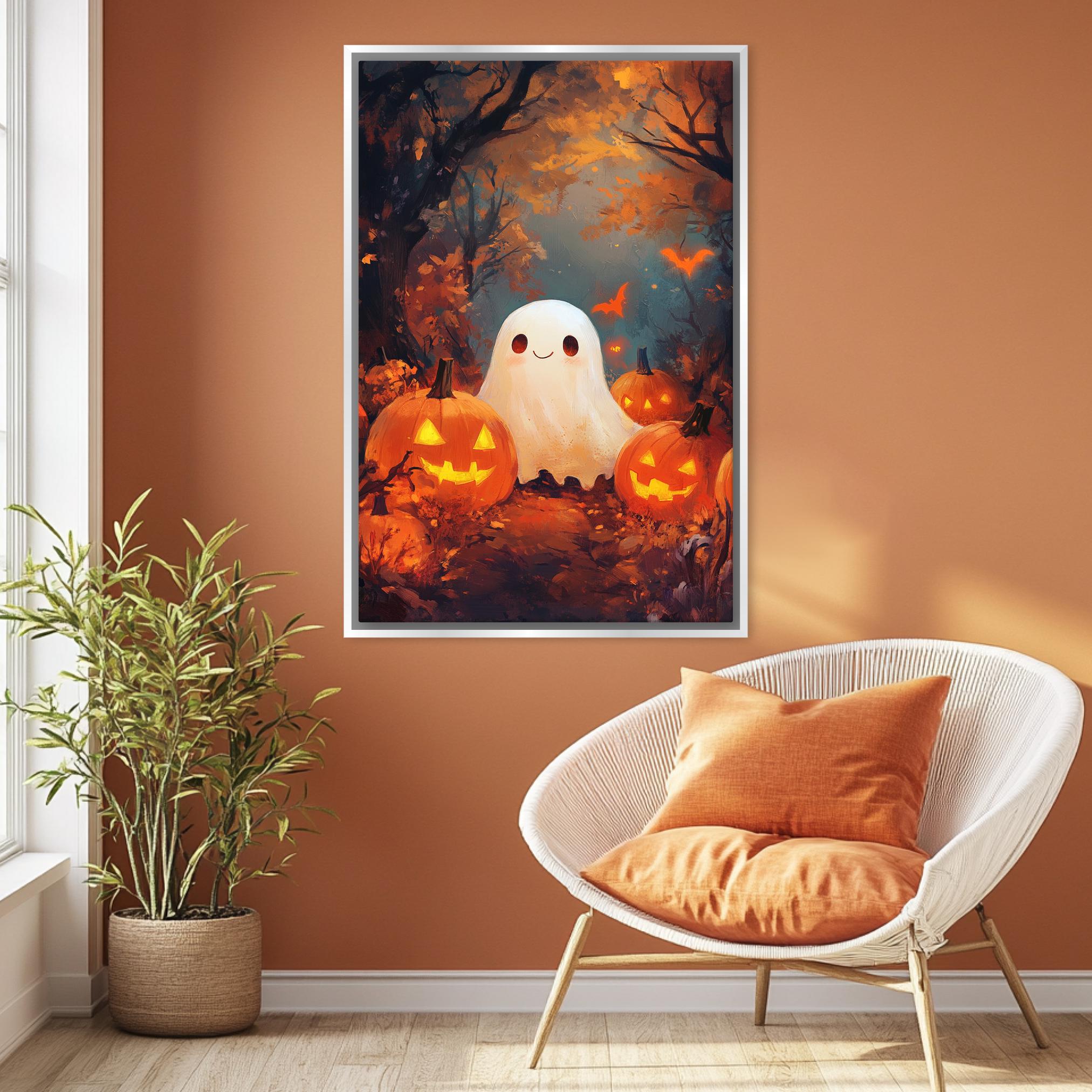 Cute Ghost Wall Art – Extra Large Halloween Canvas | Festive Pumpkin Painting