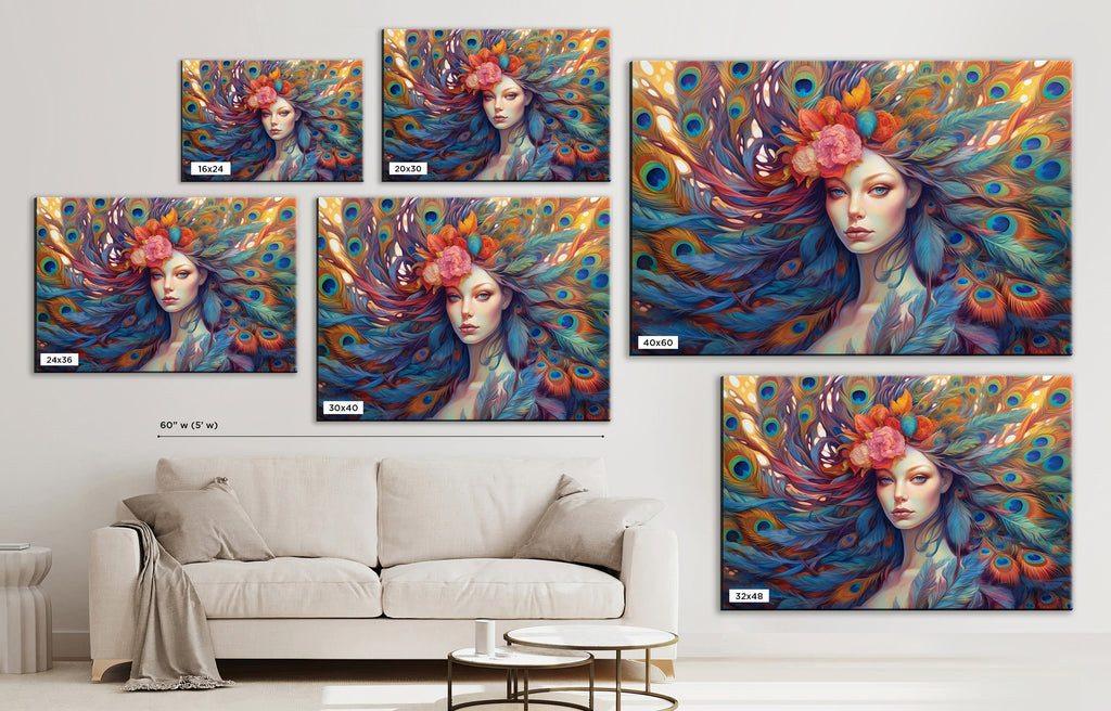 Peacock Feather Canvas | Large Canvas Print of Female Portrait Art with Vibrant Color