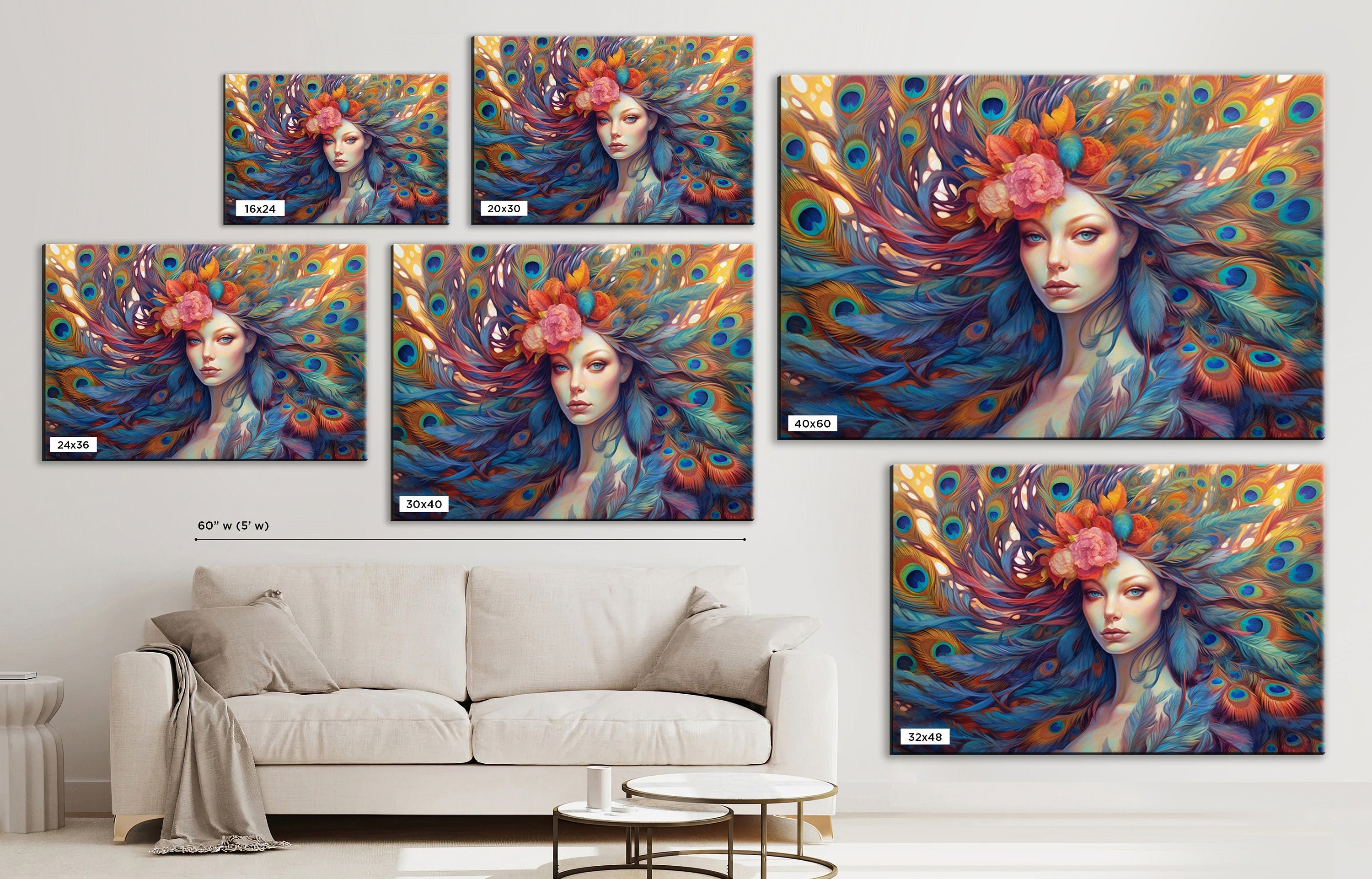 Peacock Feather Canvas | Large Canvas Print of Female Portrait Art with Vibrant Color