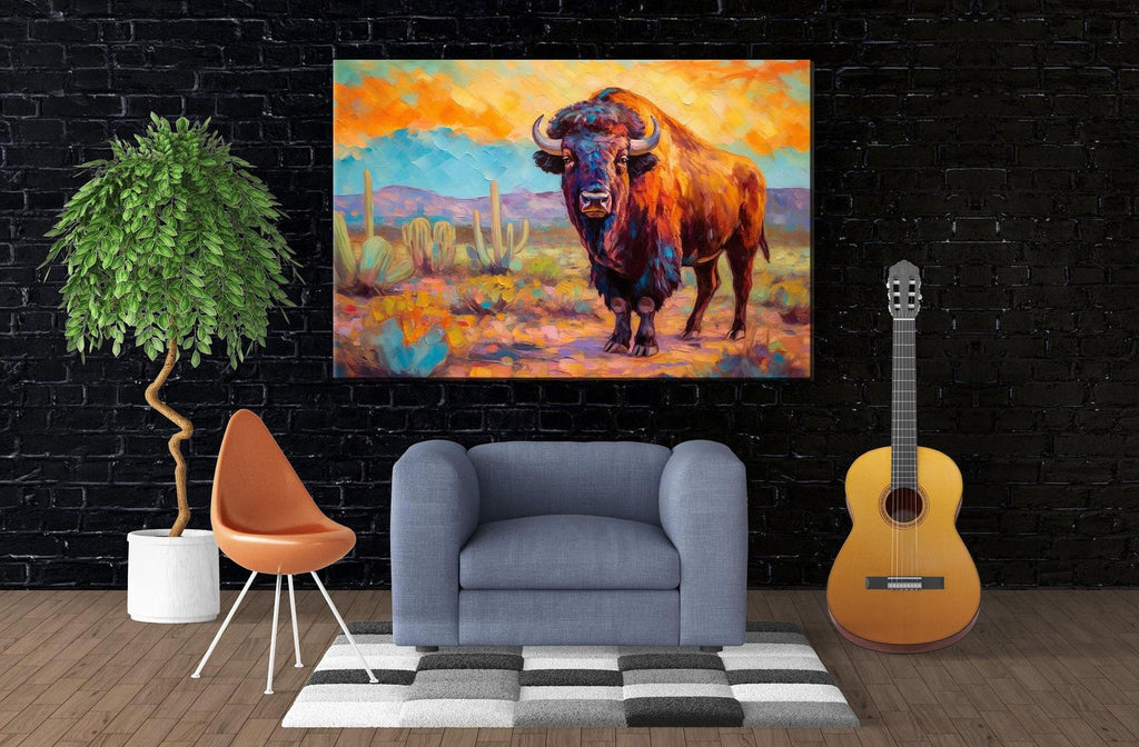 a large painting of a buffalo in a desert landscape, hanging on a black brick wall. In front of the painting, there is a gray armchair, a potted plant, and a guitar.