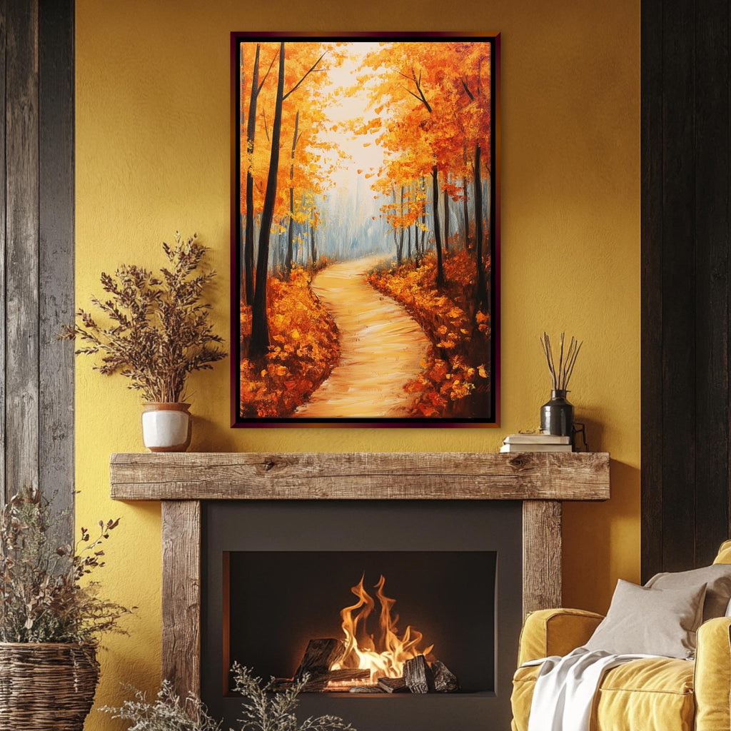 a cozy living room with a warm fireplace, a wooden mantel, and a painting of a forest path with autumn foliage.