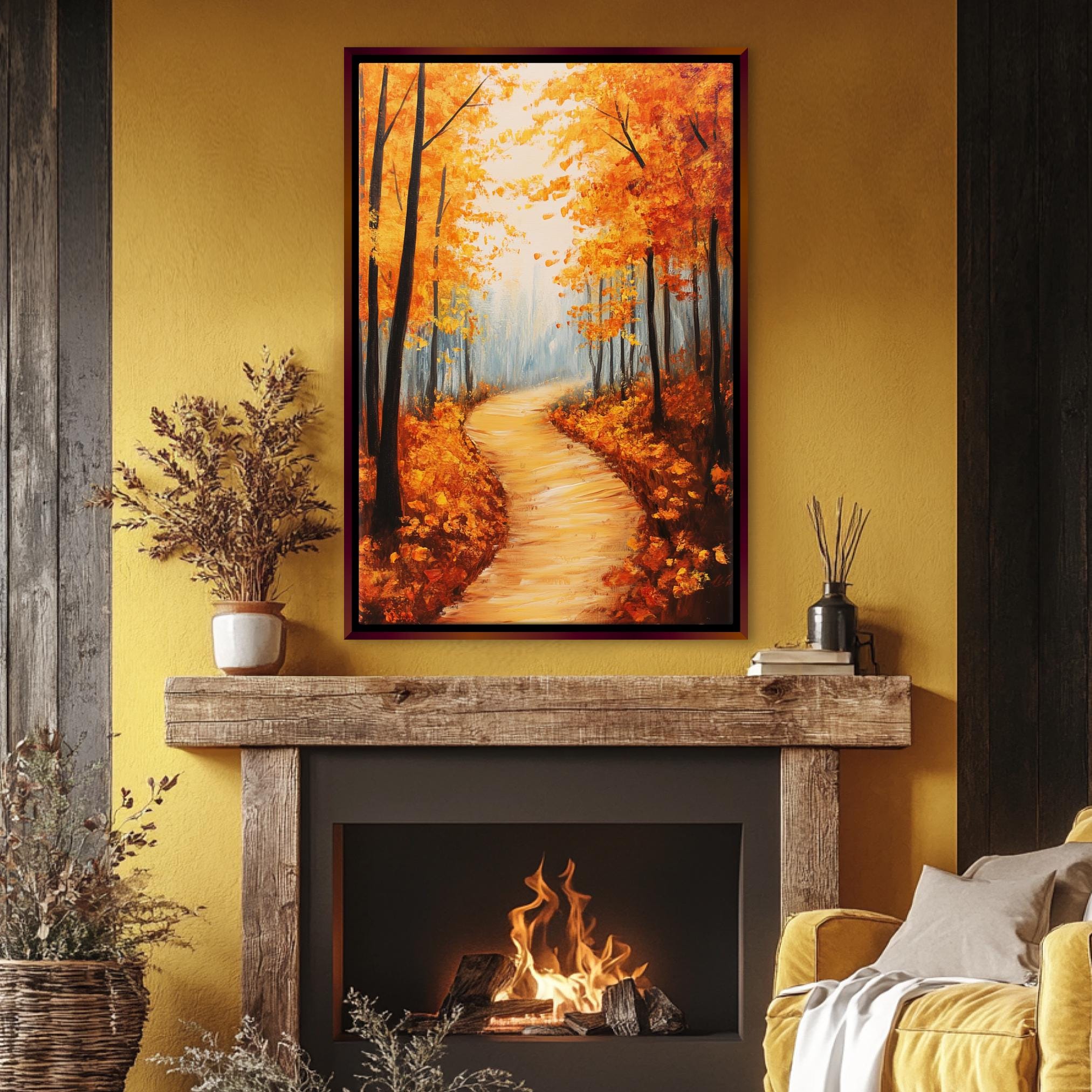 a cozy living room with a warm fireplace, a wooden mantel, and a painting of a forest path with autumn foliage.