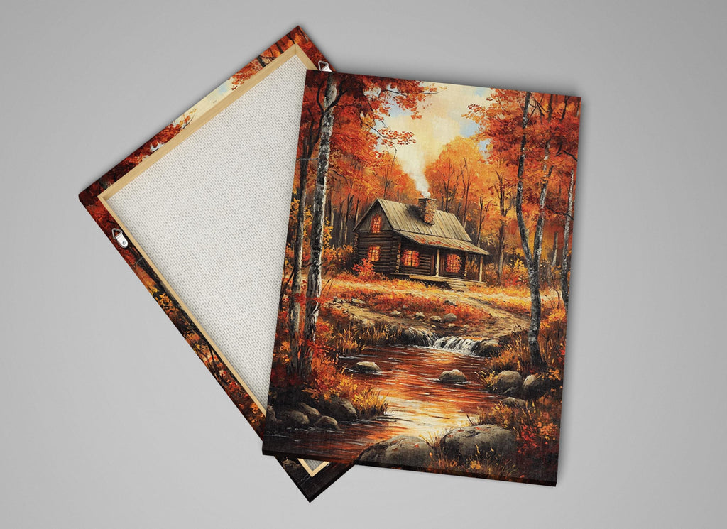a serene autumn landscape with a cabin nestled among the trees, overlooking a stream.