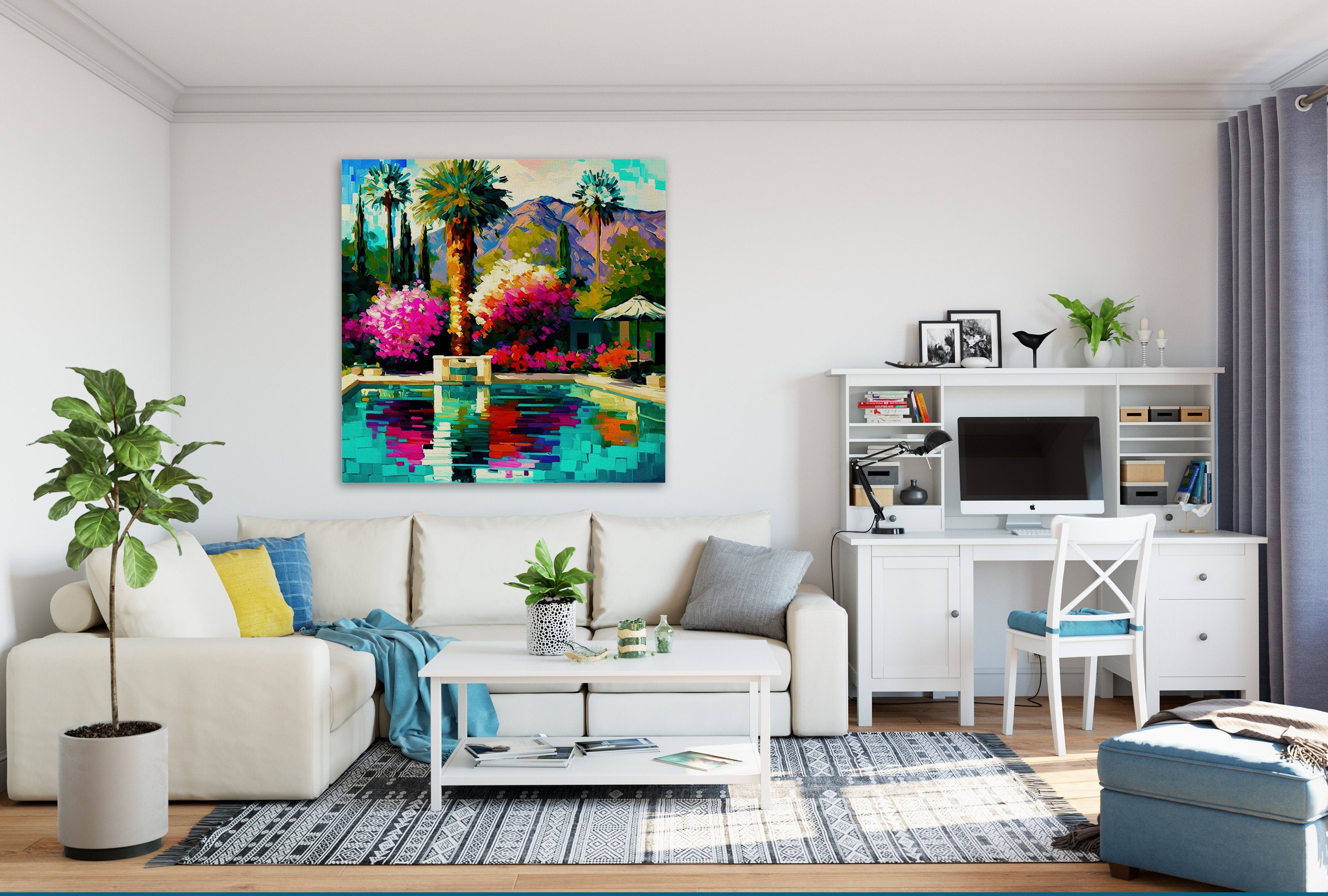 Palm Springs Canvas Print - Vibrant Colorful Pool Scene Painting on Gallery-Ready Canvas