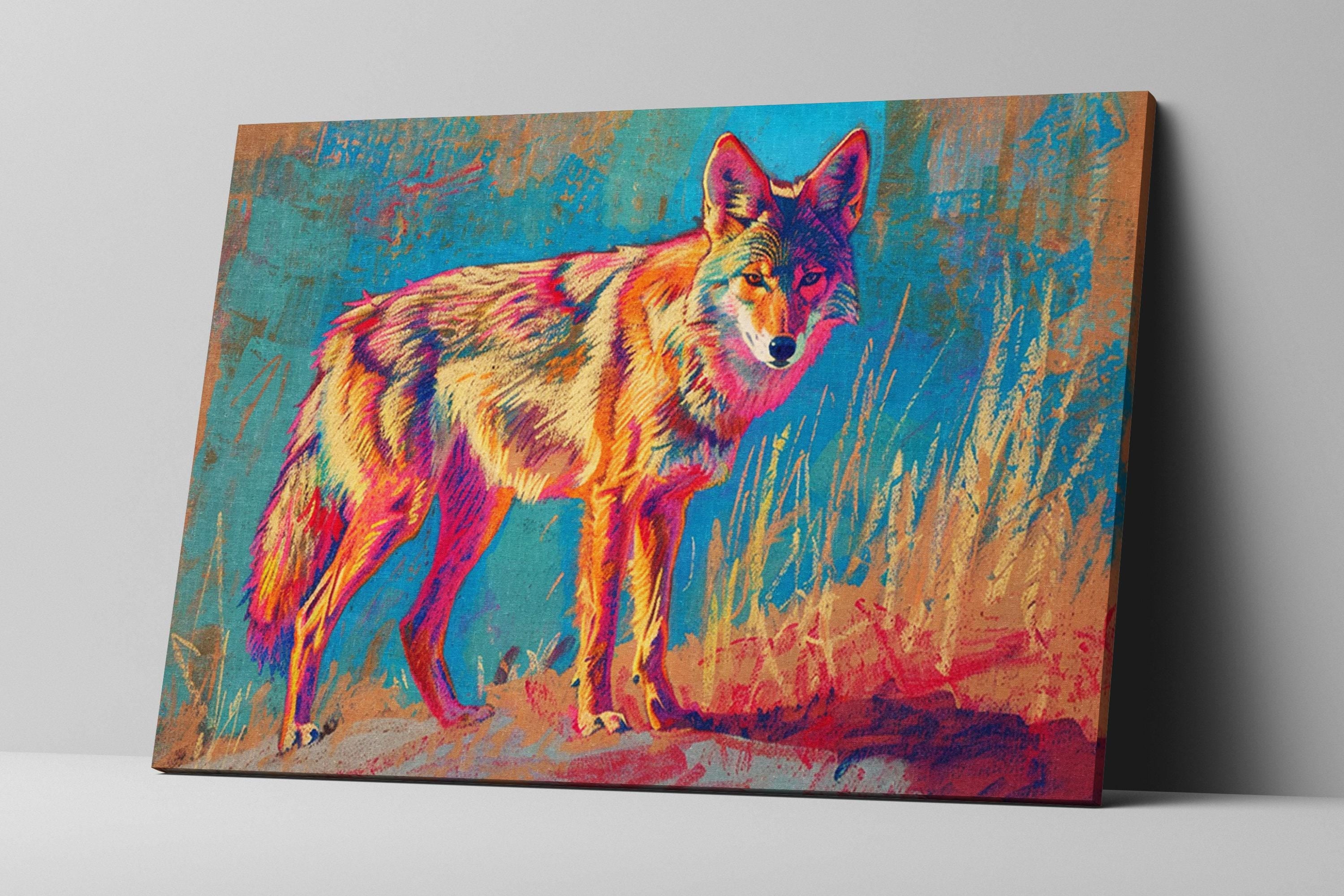 Vibrant Coyote Art – Large Canvas Wall Art, Gallery Wrapped, Ready to Hang