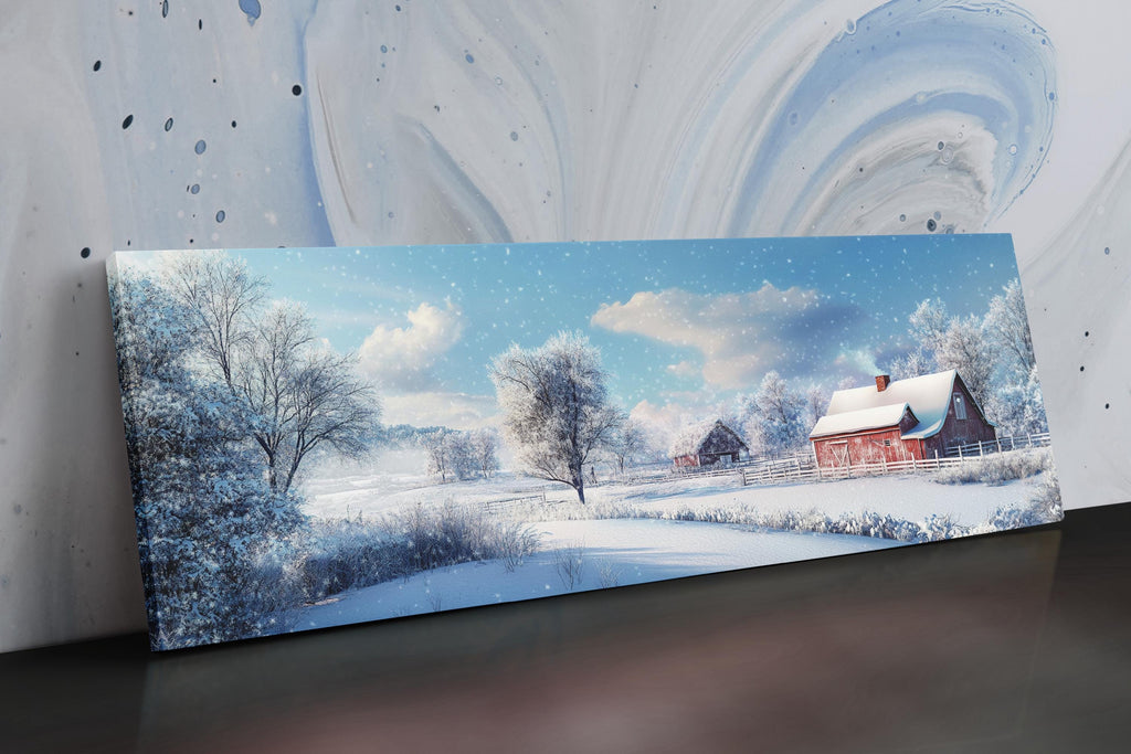 a painting of a snowy landscape with a red barn
