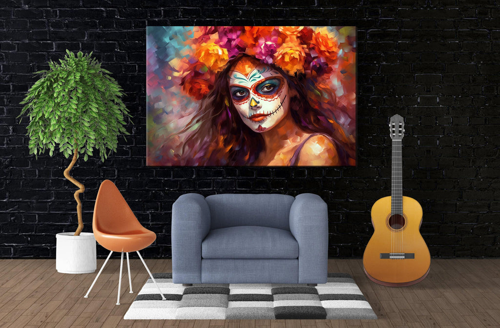 Day of the Dead Art - Mexican Woman Sugar Skull Canvas | Gallery Wrapped Large Floral Skull Decor
