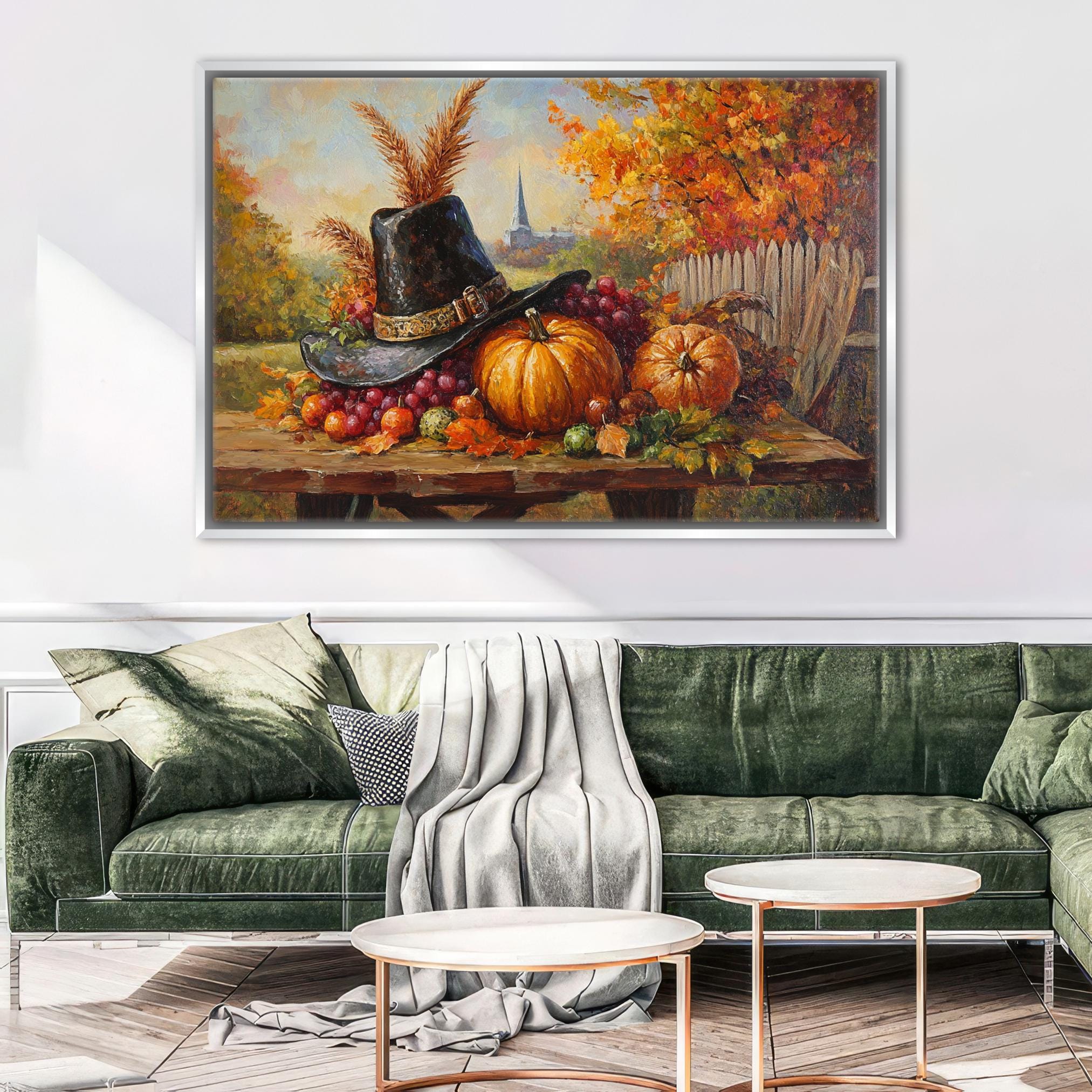 a large painting of a table with various fruits and vegetables, including a black hat, a pumpkin, and a gourd, set against a backdrop of a scenic landscape.