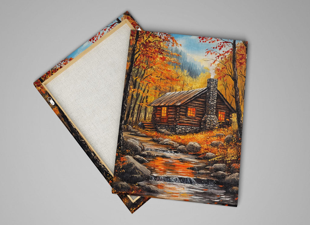 a rustic log cabin nestled in a picturesque autumn landscape, with a stream flowing nearby and trees adorned with vibrant orange leaves.