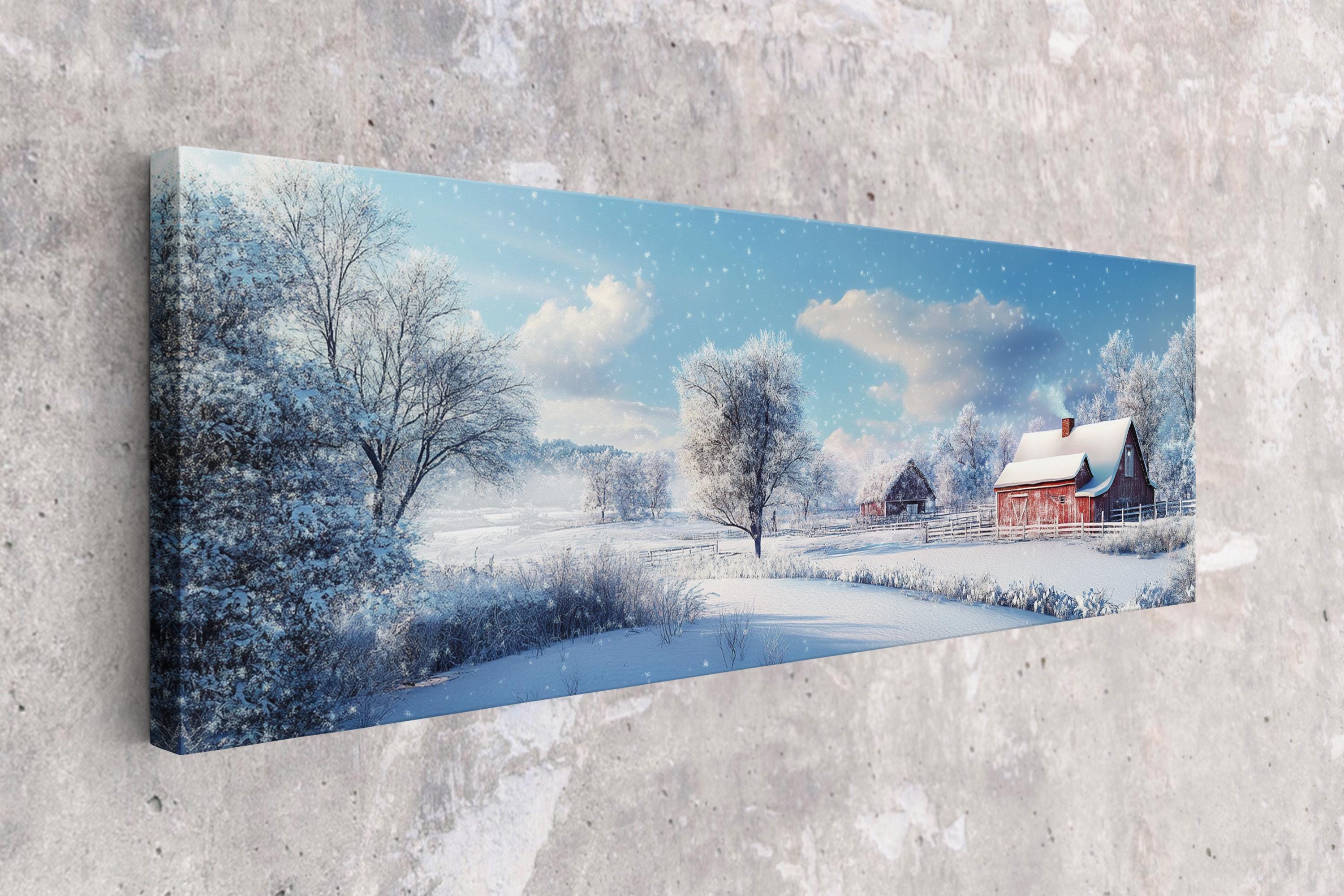 a painting of a snowy winter scene with a red barn