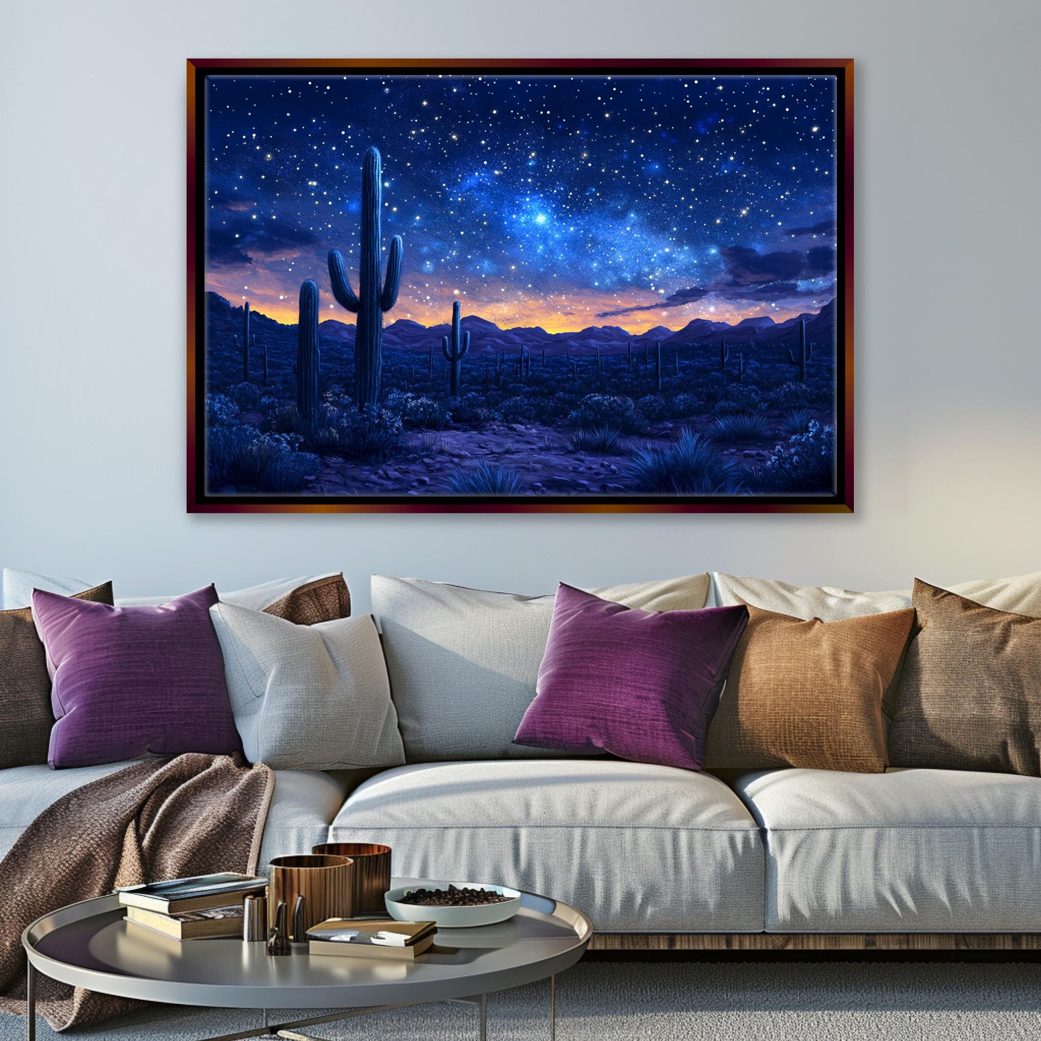 a living room filled with furniture and a painting on the wall
