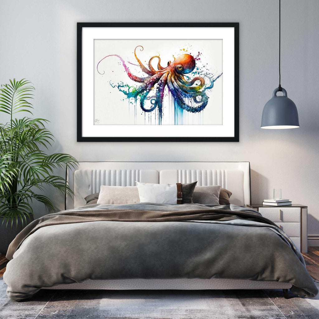 a large, colorful painting of an octopus hanging on a wall above a bed in a bedroom.