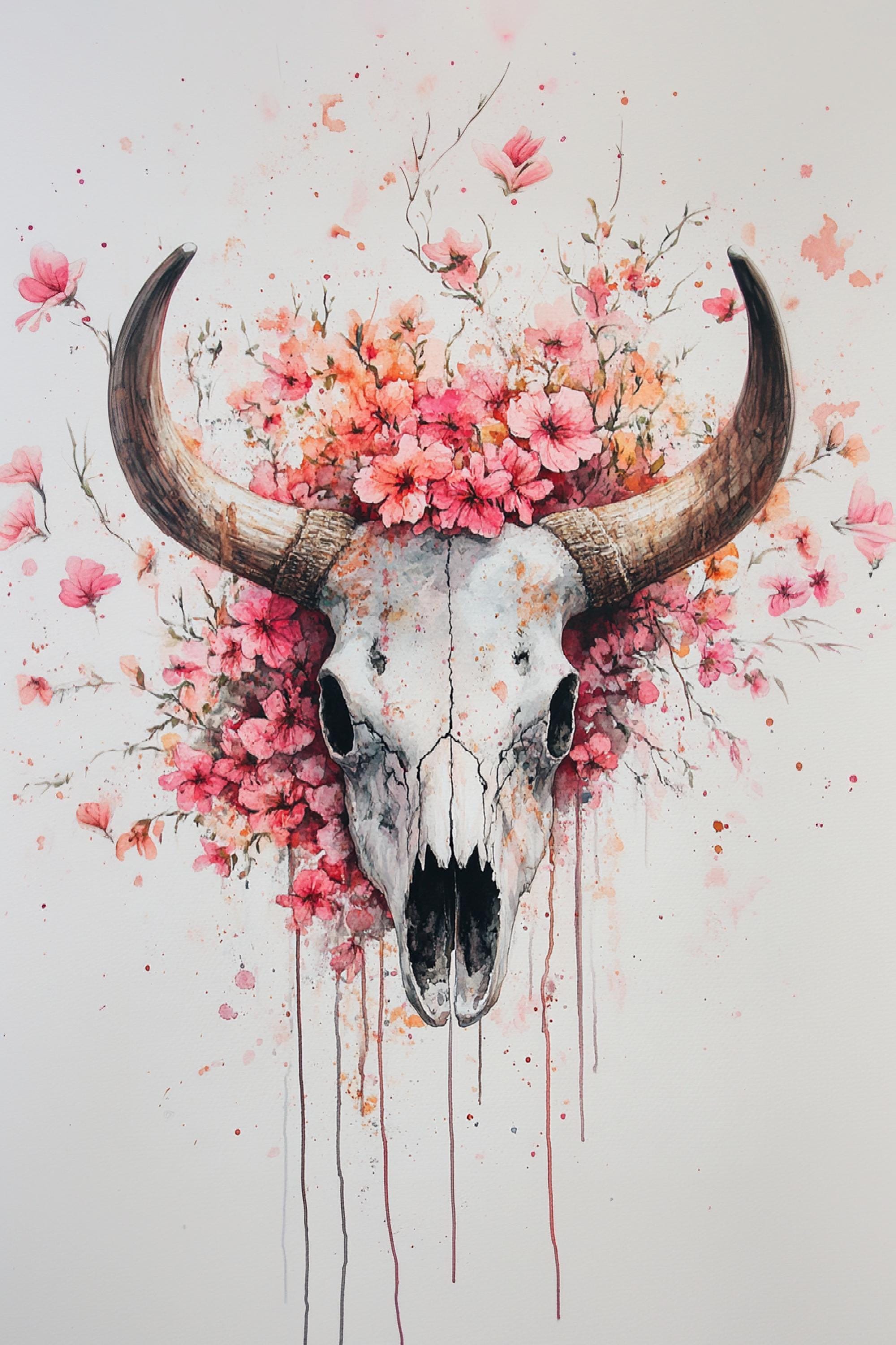 a skull adorned with pink flowers and leaves, creating a striking and visually appealing composition.